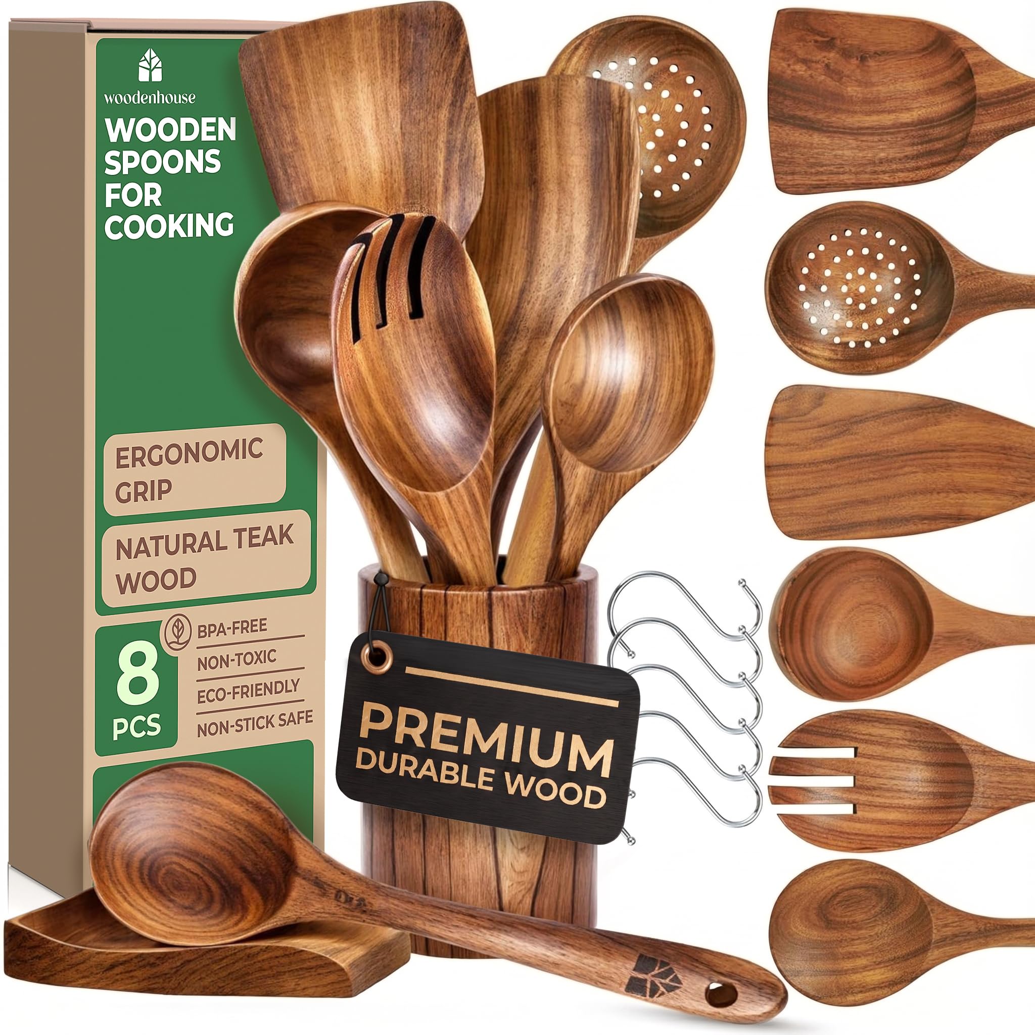 Wooden Utensil Set, 8 Pcs Teak Wooden Spoons for Cooking with Holder