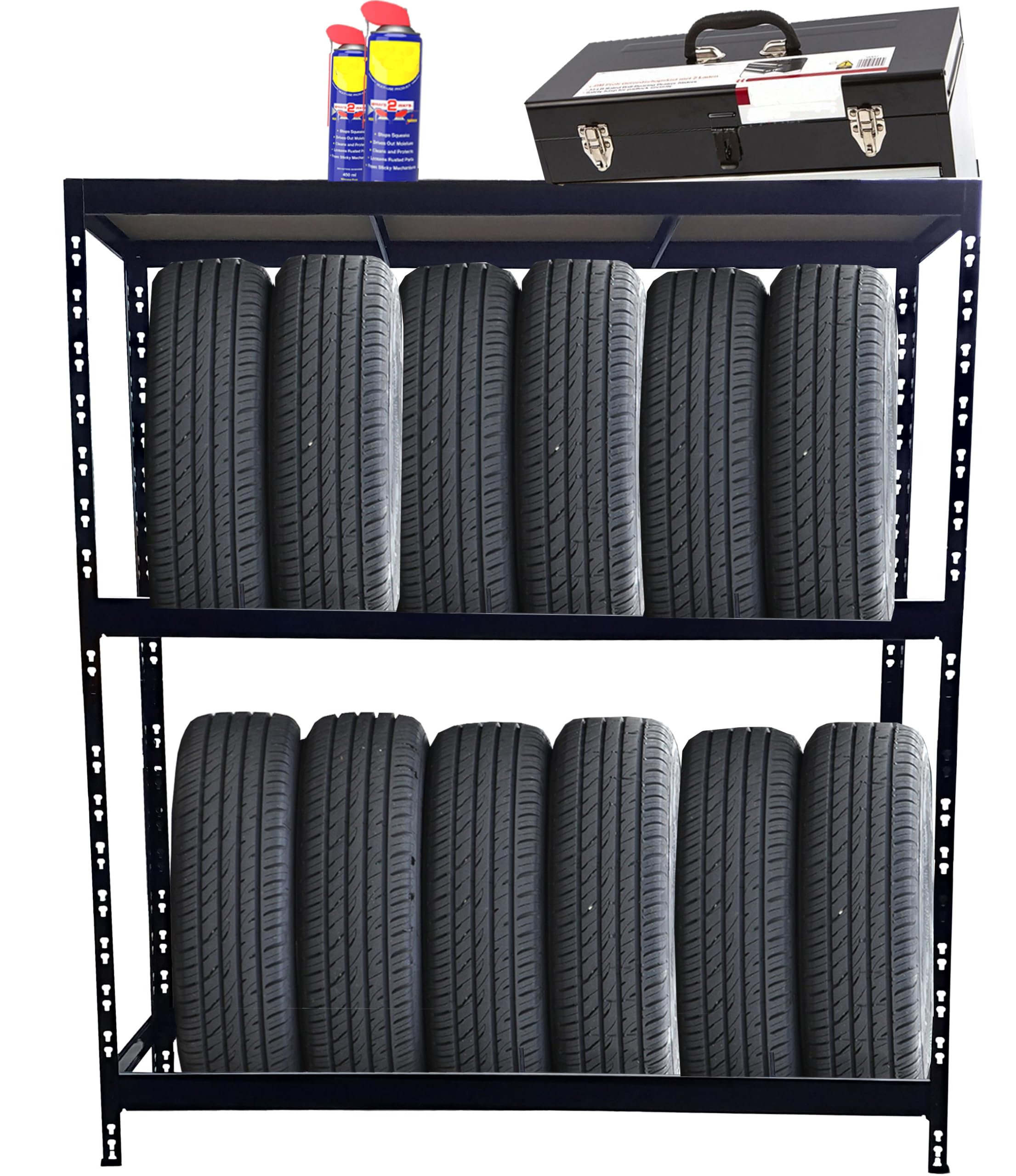 RLW Reifenregal schwarz 180x160x50 cm aus Stahl – 300 kg Traglast – pulverbeschichtet, höhenverstellbares Stecksystem – für 12+ PKW Räder – Reifenaufbewahrung Garagenregal mit Zubehörablage
