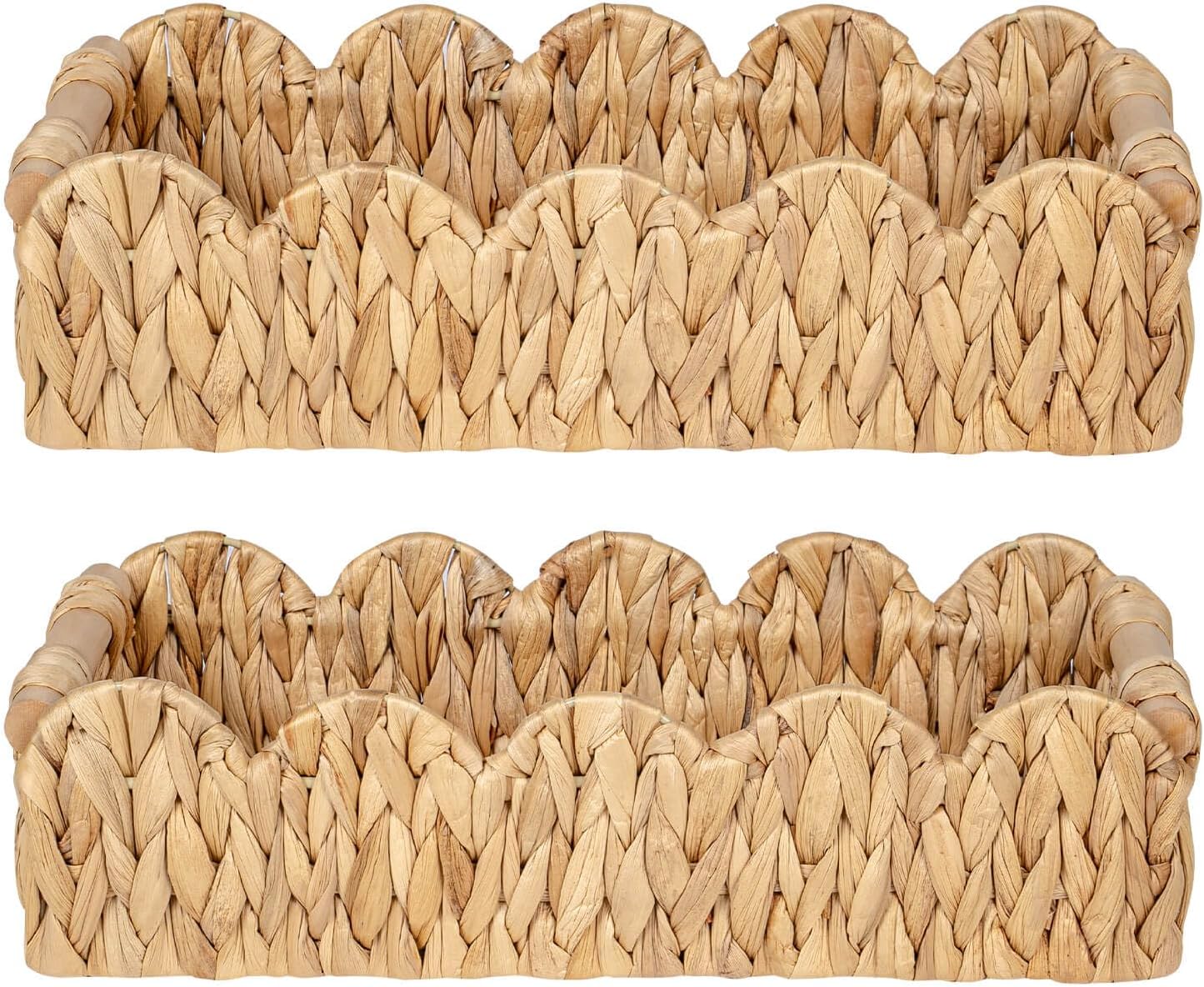 Kriitools Wicker Bathroom Basket Tray Organizer w/Scalloped for Toilet Paper, 2PCS Rattan Decorative Basket for Bathroom Decor, Farmhouse Home Decor, Living Room and more, Natural Water Hyacinth