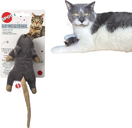 SPOT Ratón Plano Frankie con Hierba Gatera - Juguetes para Gatos, Ratones de Peluche con Hierba Gatera y Sonido de Crujido, Tamaño Perfecto para