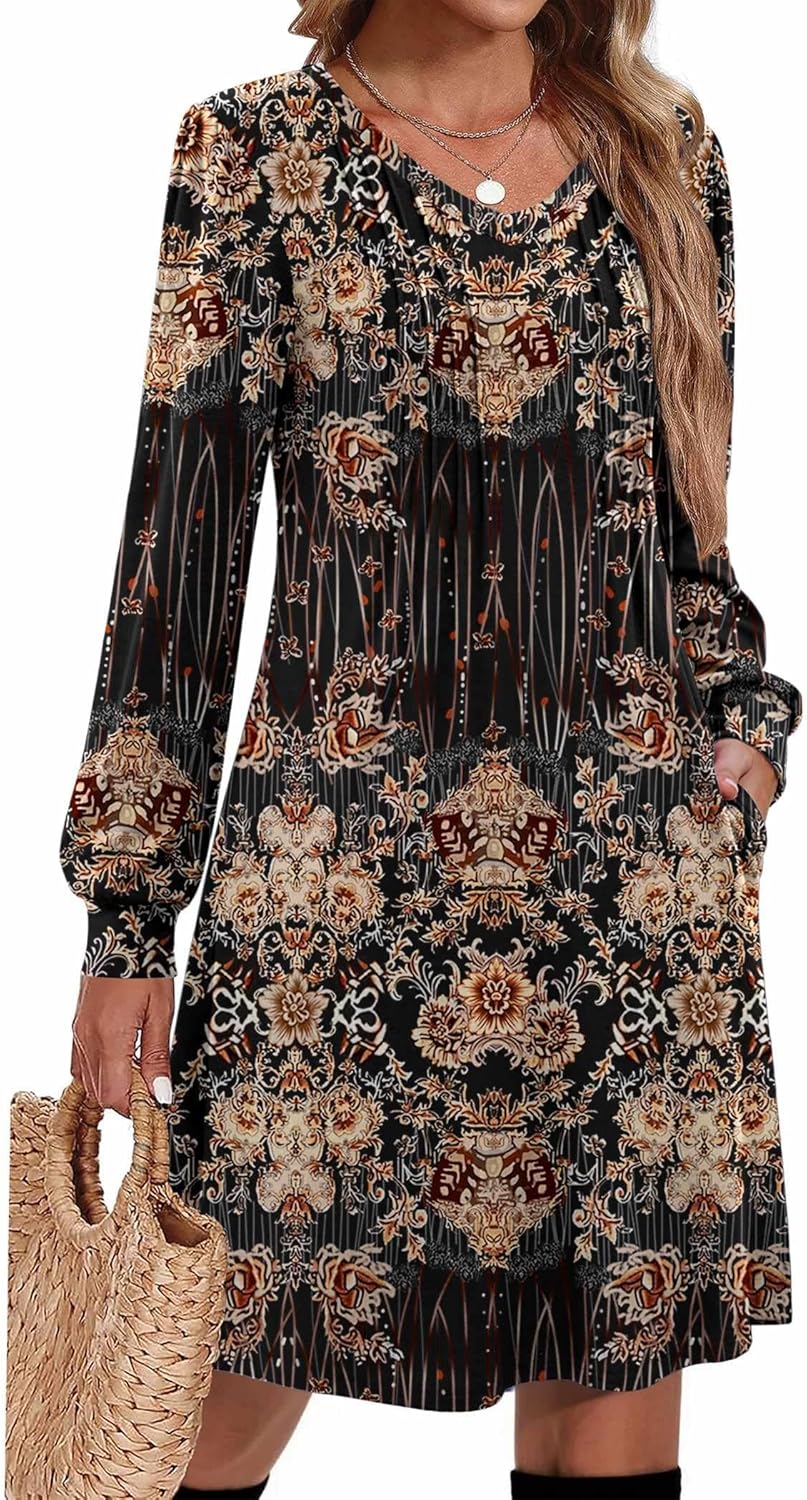 Zeagoo Fall Dresses for Women Long Sleeve Casual Pleated V Neck Dress 2025 A Line Tunic Dress