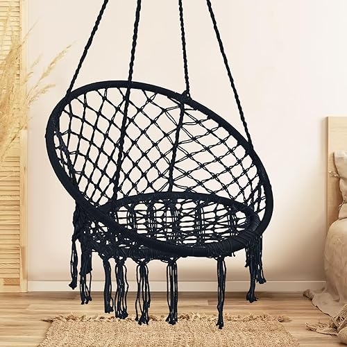Garpans Hamaca de macramé, estilo bohemio, hamaca con borlas, silla de columpio colgante, hecha a mano, cuerda de algodón de punto para interiores y