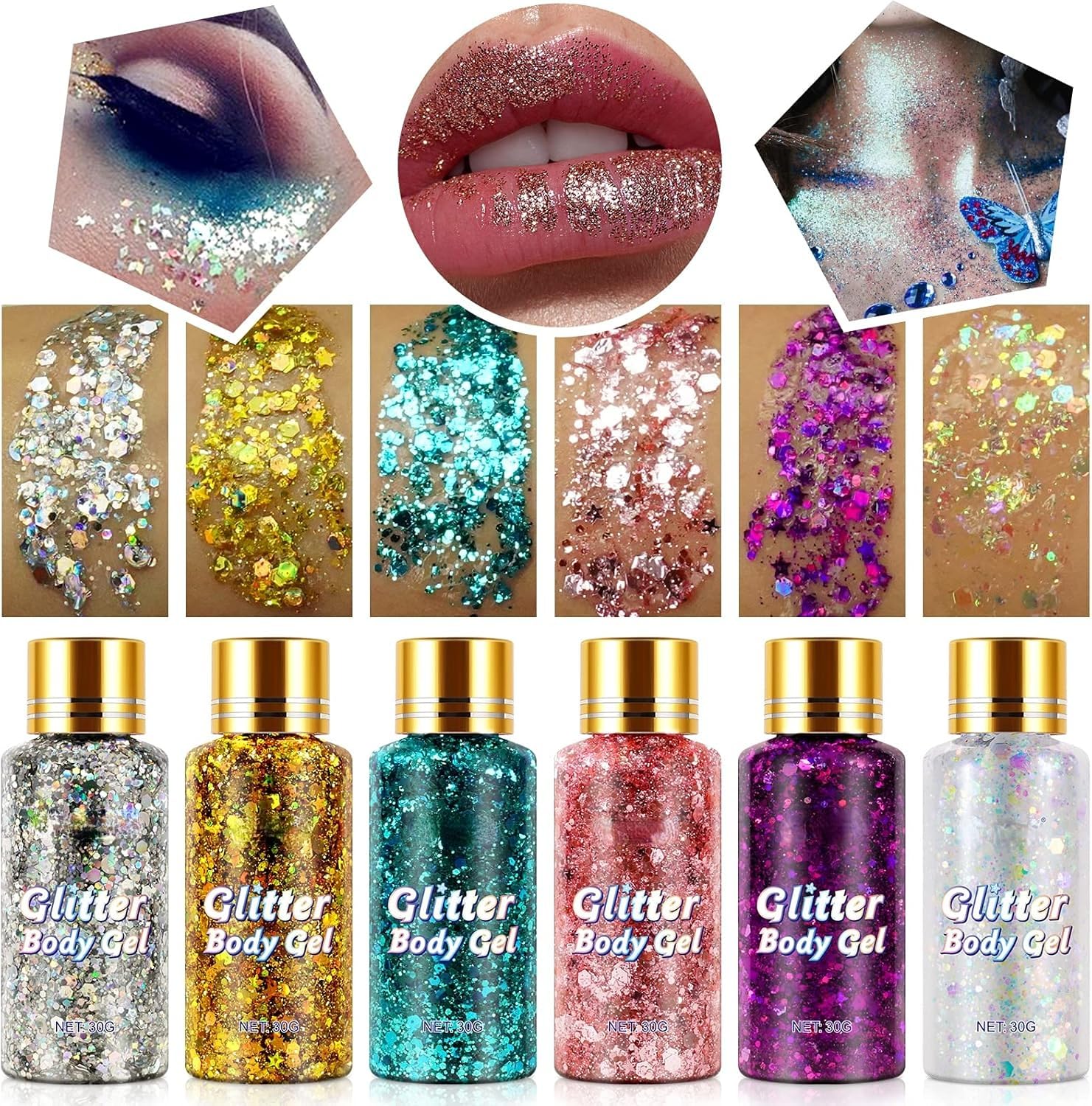 Body Glitter Gel, 6 Colors Body Face Glitter Gel Set for Skin & Hair, Shimmer Liquid Eyeshadow Festival Glitter Makeup, Sparkles Rave Accessories for Holiday, Concerts, Party, Mermaid Series Set