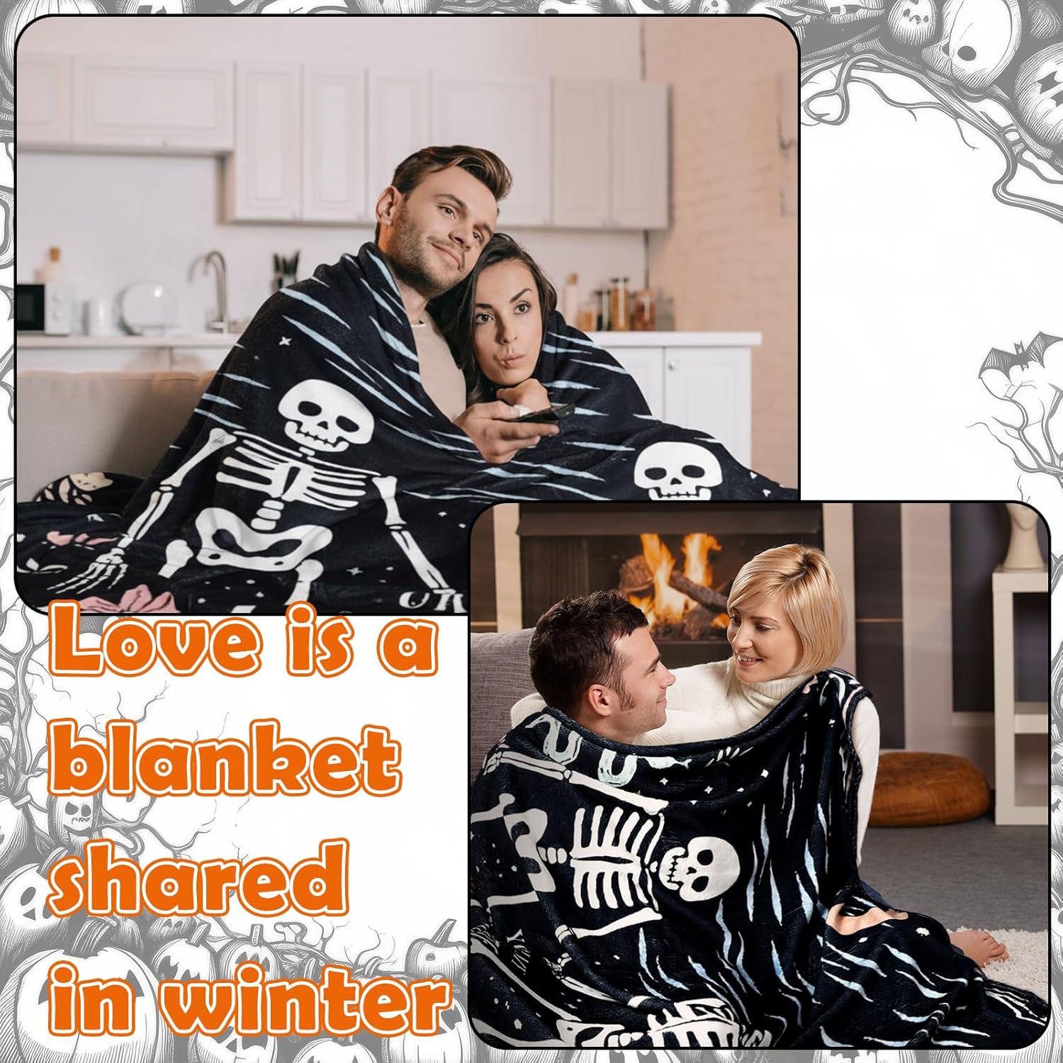 Gothic Couples Blanket Anniversary Gothic Skull Floral Flannel Blanket 50 x 60 Inch Valentine's Day Couples Gifts for Women Men for Wife, Husband - Image 3