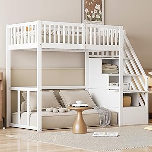 Cama alta 90 x 200 cm con escalera de almacenamiento de seguridad, estructura de madera de pino maciza para niños y jóvenes (blanco)