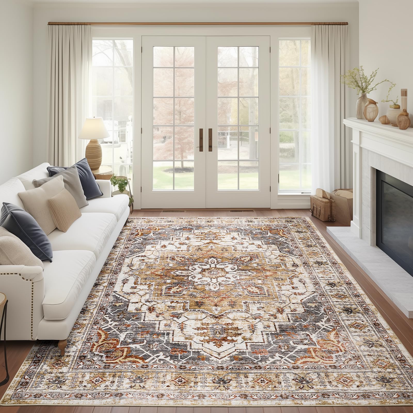 Madane 5x7 Area Rugs for Living Room, Stain Resistant Washable Rugs, Non-Slip Backing Area Rug, Vintage Home Decor Rug for Bedroom (Turmeric/Grey, 5'x7')