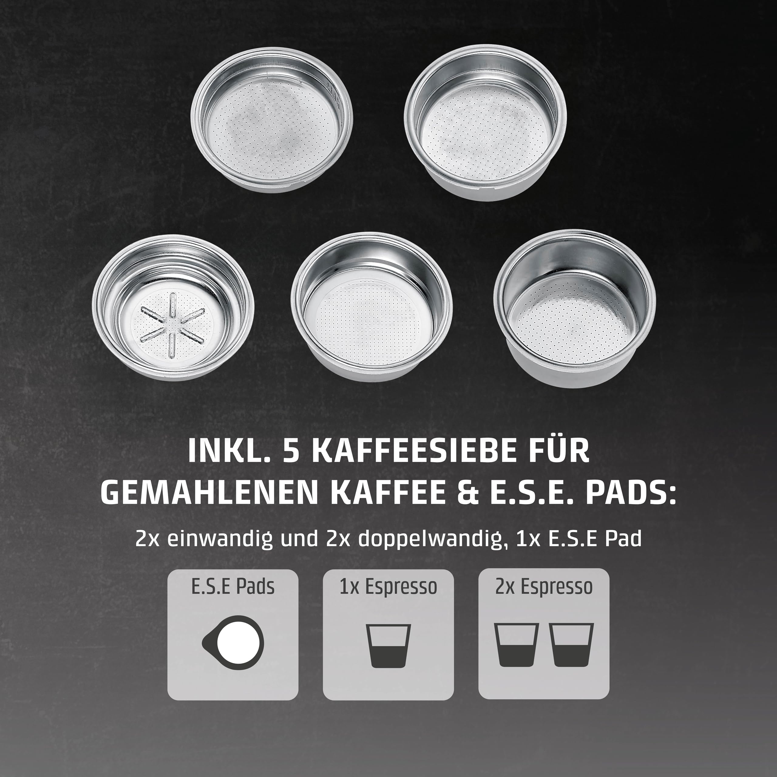 Caso EspressoGourmet Crema - Siebträgermaschine, Espressomaschine, mit Milchaufschäumer, Espresso, Cappuccino, Siebträger aus Edelstahl, 20 bar ULKA-Pumpe, Kaffeemaschine Kaffeepulver, ESE Pads