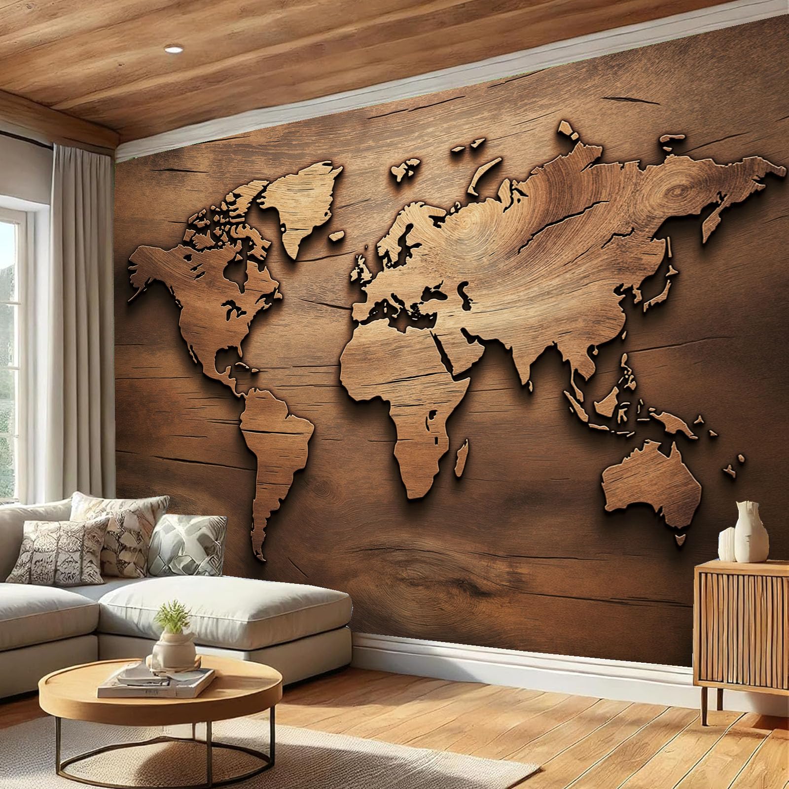 SMBHIAON Retro Wooden Map Wallpaper World Map Outline Wall Murals for Bedroom Living Room Tv Backdrop Hallway Hall Lounge,300 × 210 Cm,Dark Brown — image 1