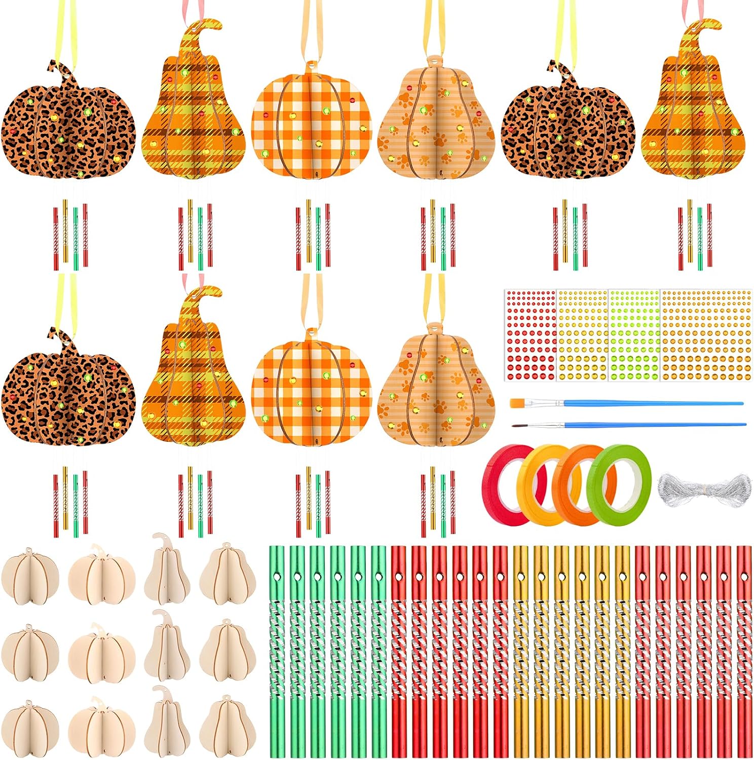 95 Pcs Crafts Set DIY 3D Wooden Halloween Pumpkin Wind Chime Kit Make Your Own Fall Wind Chime with Pumpkin Cutouts Tube Pen for Harvest Party Tray Decor Thanksgiving Party Decorations