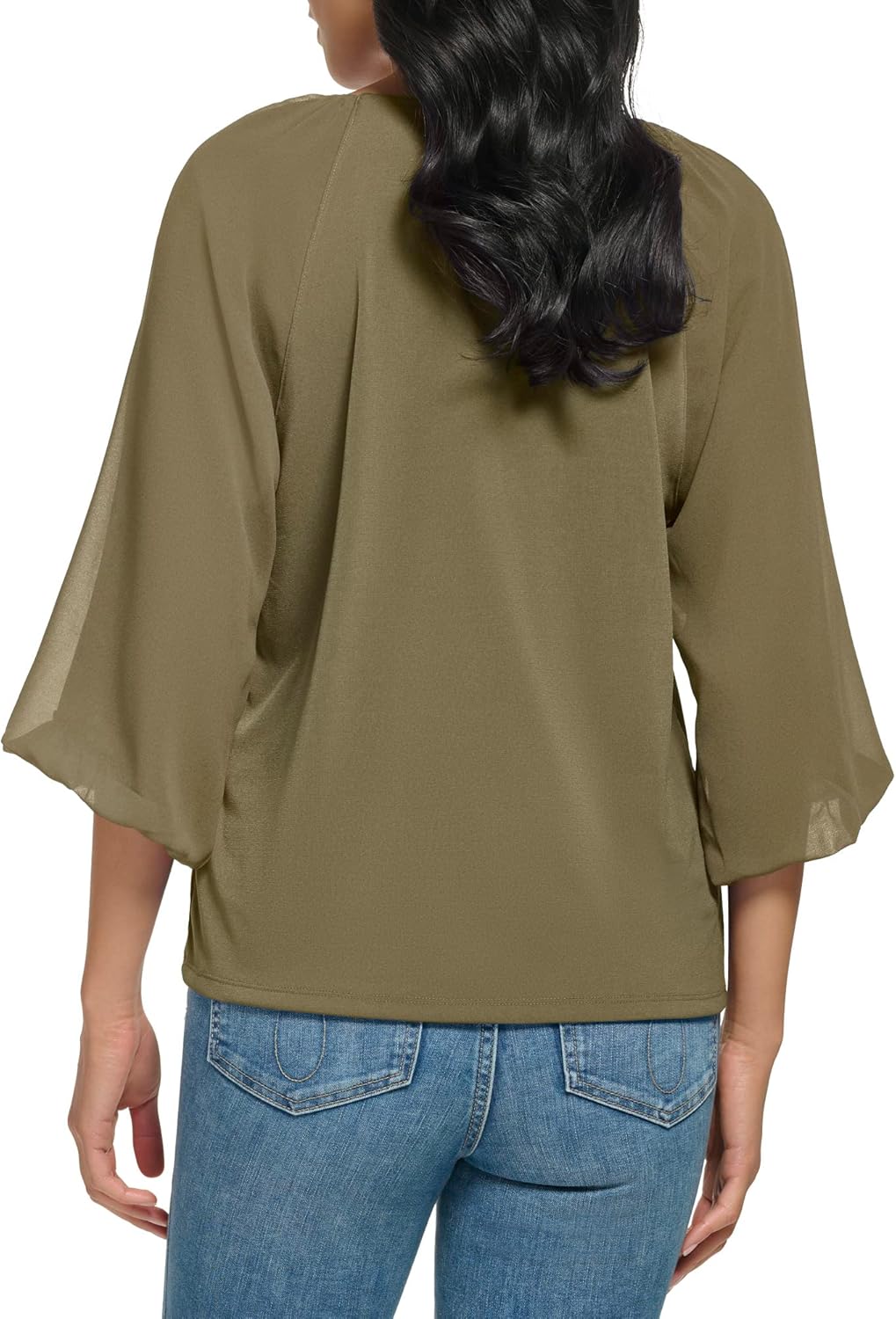 Calvin Klein Womens Loose Fitted Matte Jersey Mixed Media Lantern Sleeve Blouse - Image 3
