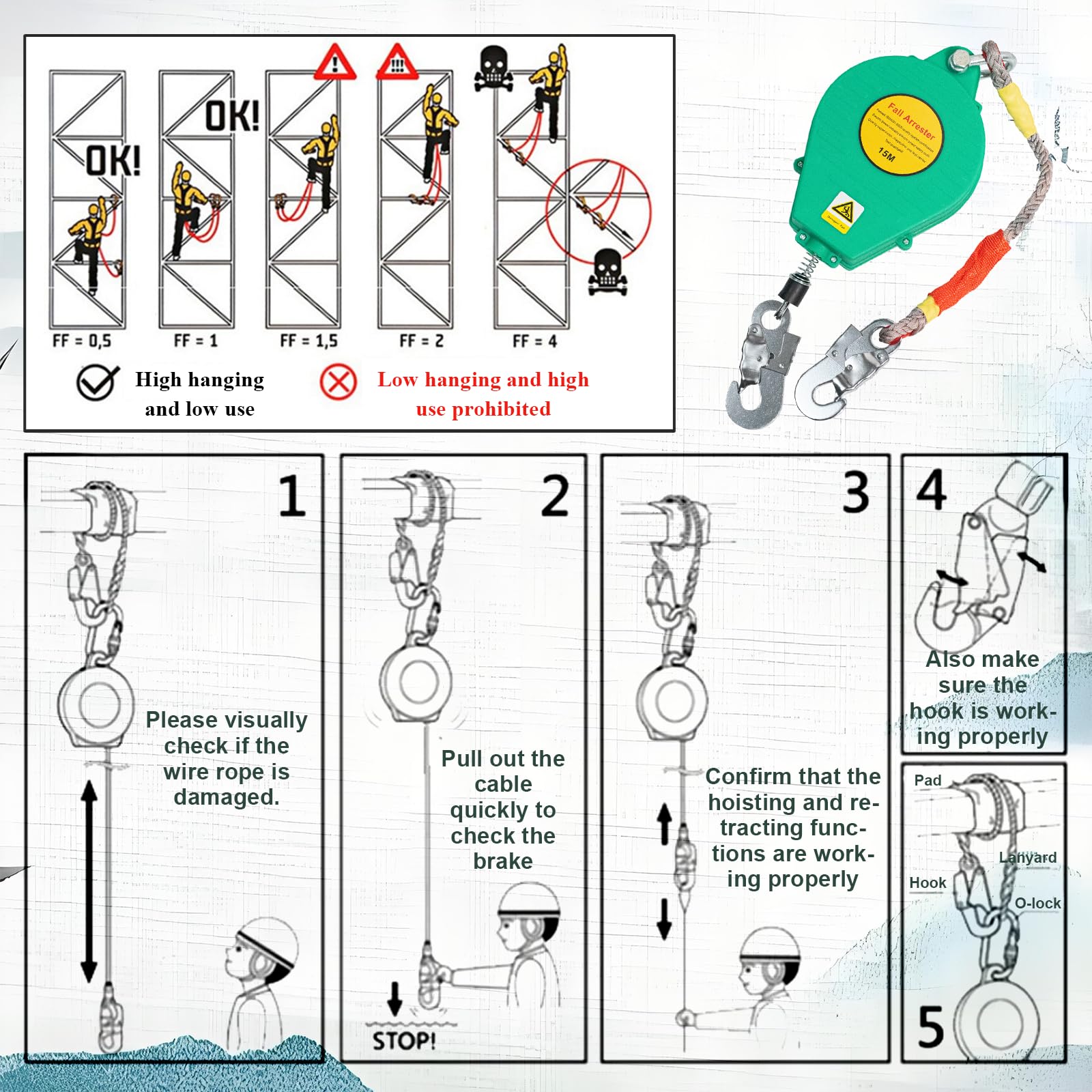 Arnes Linea de Vida Tejado 150kg, Dispositivo Anticaida Retractil Homologado 3-20m, Verde/Amarillo Arnes Seguridad Anticaidas Retractil Trabajo Tejados/ Altura(Verde,5 Metros)