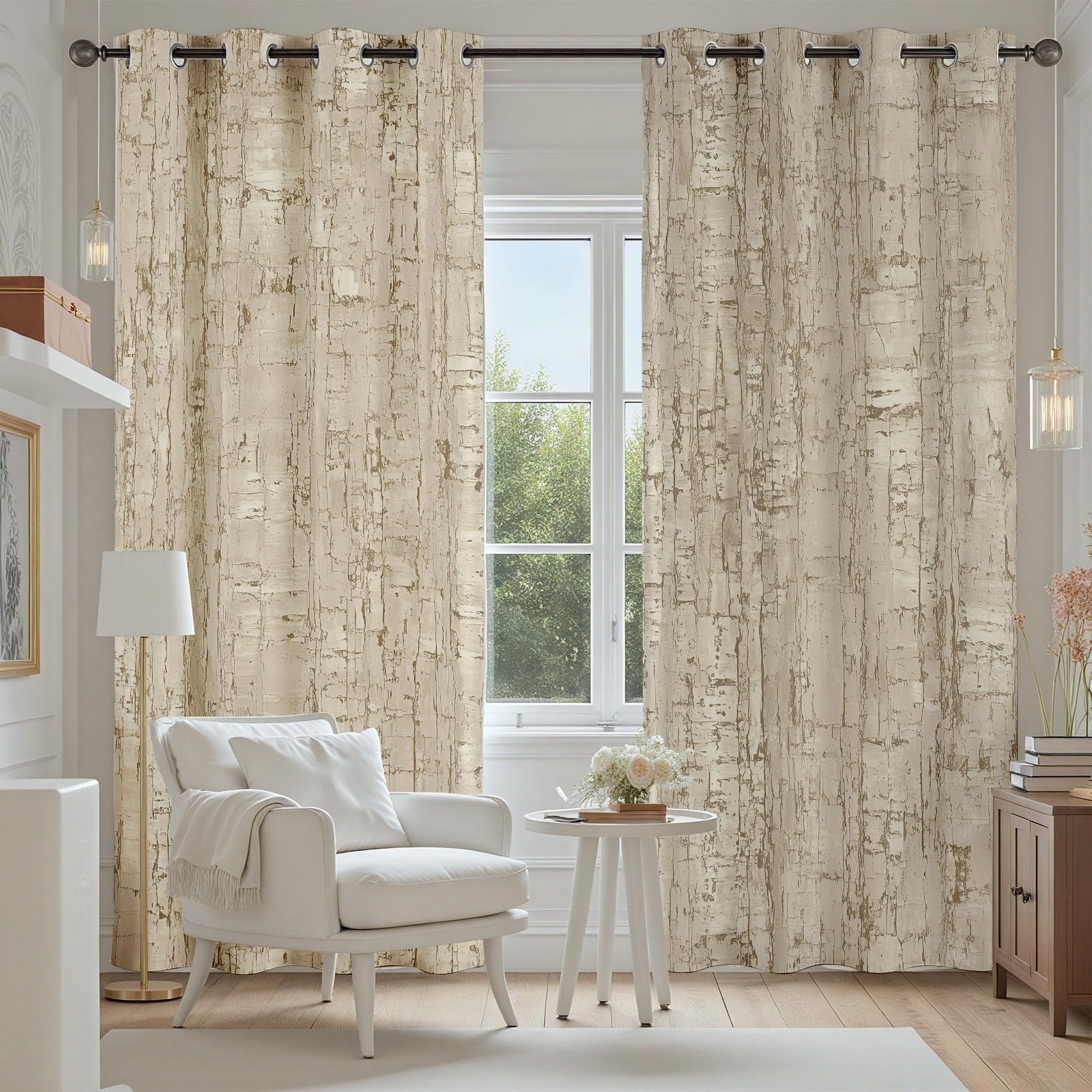 Modern Abstrakte Vorhänge, Eichenbaum Holzmaserung Gardinen Schlafzimmer Wohnzimmer, Modern Used Effekt Vorhänge mit Ösen Blickdicht, Gardinen 137 cm Hoch, Thermo Verdunklungsvorhänge 2er Set