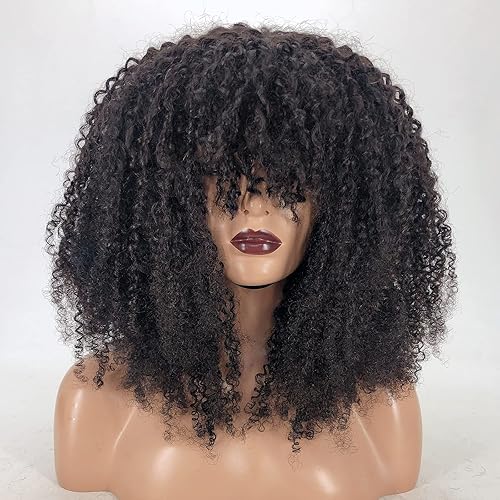 Miniatura 7 de zigzag hair Peluca afro rizada con flequillo, hecha a máquina, peluca superior de cuero cabelludo hecha a máquina, 250% de densidad, peluca de