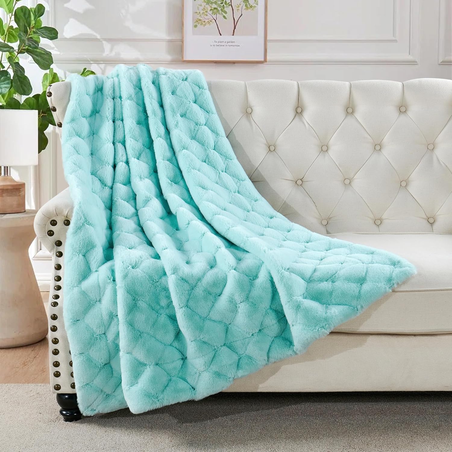 Home Soft Things Luxury Jacquard Rabbit Faux Fur Throw Blanket Reversible to Velvet Back, Soft Plush Warm Fuzzy Fluffy Minky Furry Blankets for Couch Sofa Bed, 50” x 60”, Bleached Aqua