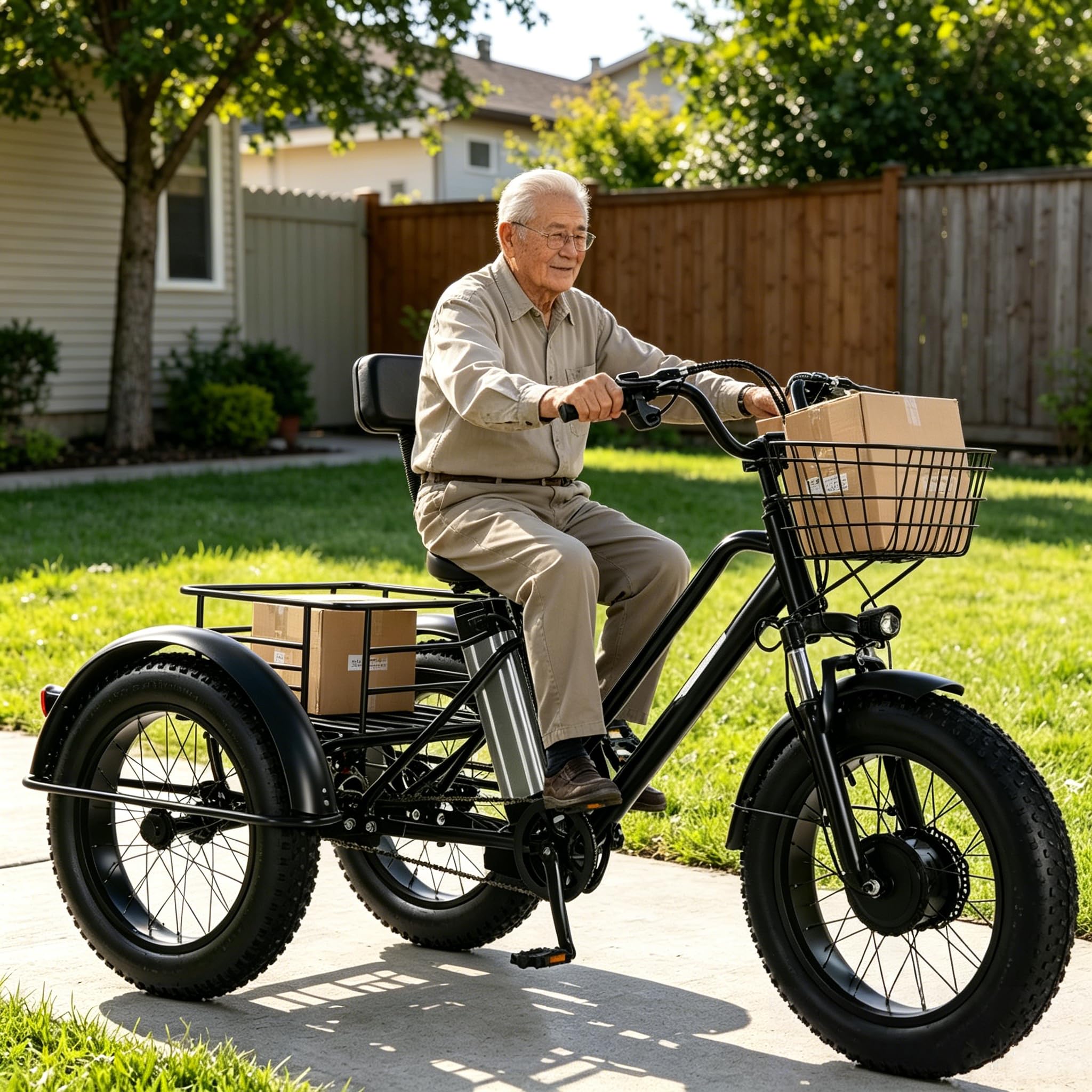 WhFKLca Electric Bicycle Tricycle - Load 200Kg, 20 * 4.0 Inch Tricycle for Adults, Fat Tire Electric Cargo Trike for Senior, Safety Horn, Led Headlight, 48V/12Ah Removable Battery - Range 45km