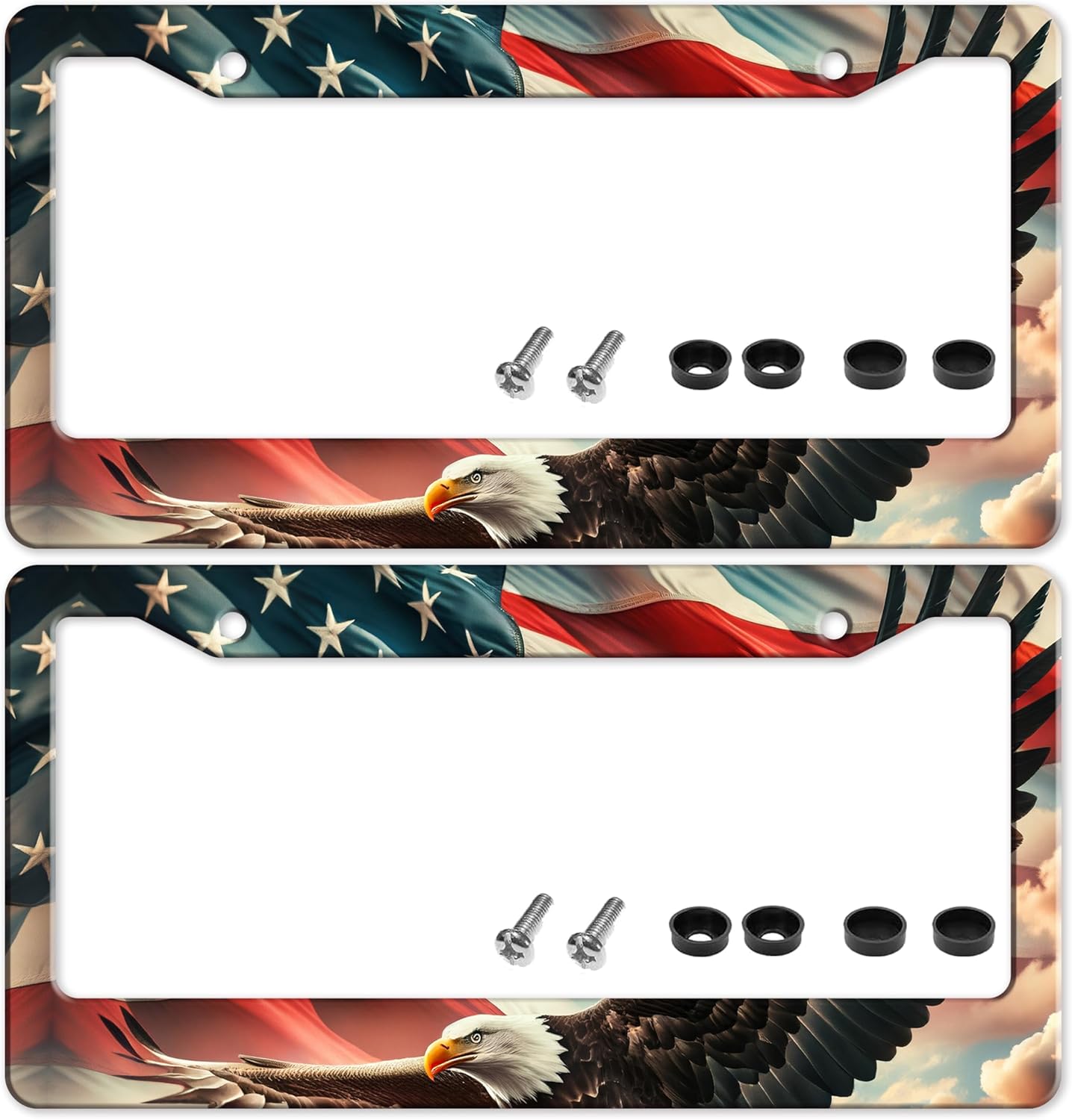 American Flag Eagle License Plate Frame 2 Pack Patriotic Stainless Steel License Plate Holder for Front or Rear Car Tags Funny for Car Decoration Accessories with Screws 6.3 X 12.2 in for Women Men