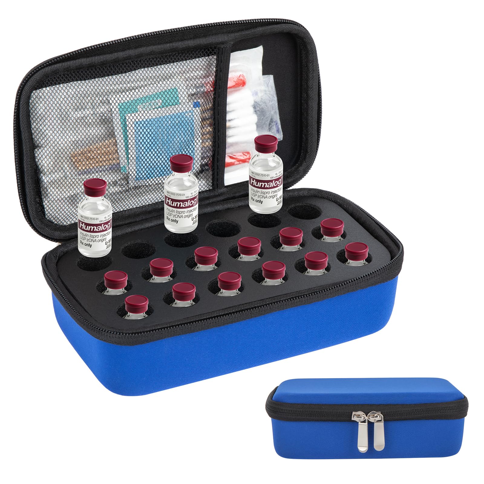 YOUSHARES Insulin Flaschen Halter Peptid Aufbewahrungsbox für den Kühlschrank, Vial Box für Diabetiker, geeignet für Standard 10ml U-100 Fläschchen, mit einem Netzbeutel, 18 Fächer, Blau Drogerie & Körperpflege