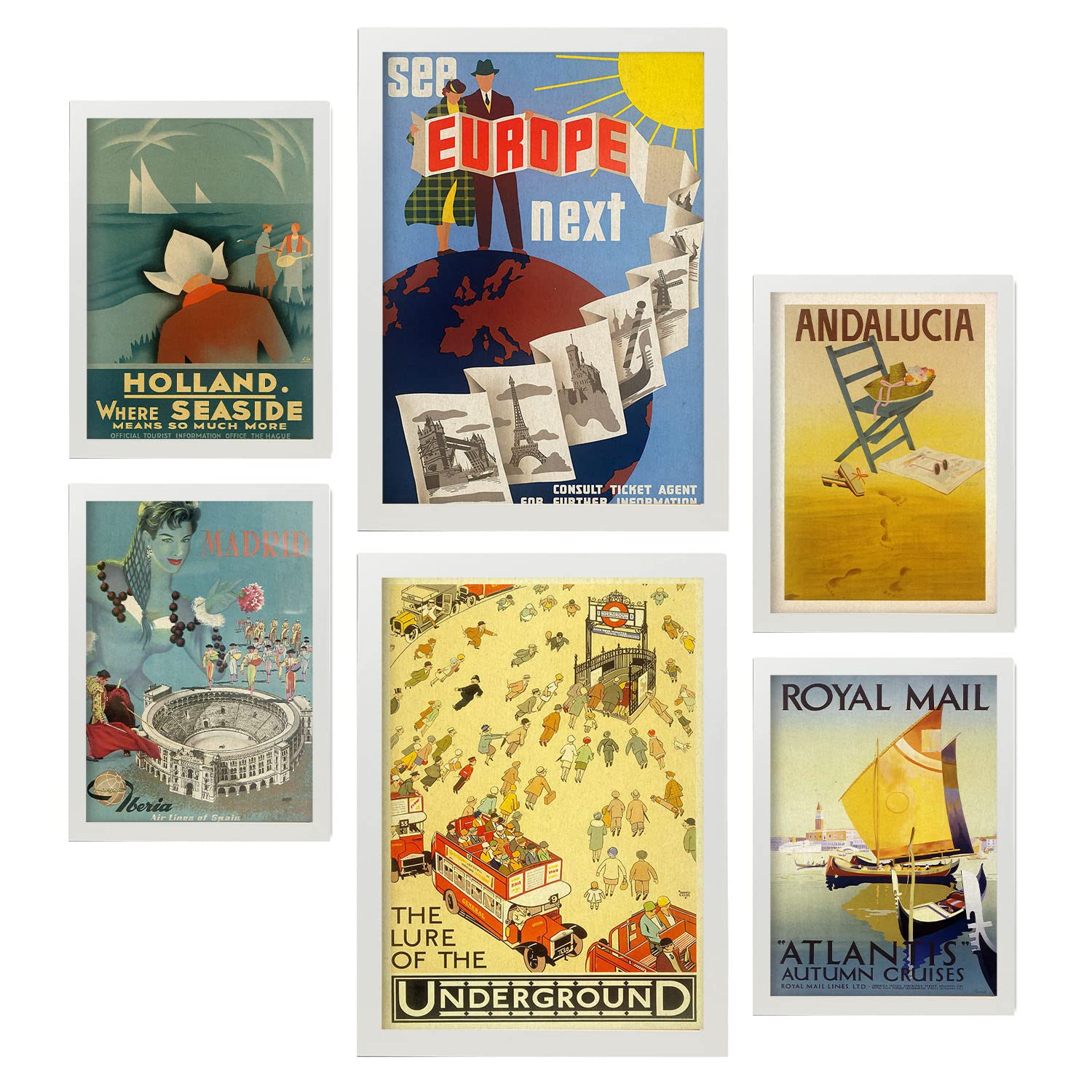 Nacnic Europa Postern. Vollfarbige Illustrationen von Vintage Tourismus Werbetafeln aus der ganzen Welt. Innenarchitektur und Dekoration. A4 & A3 Weiße Rahmen.