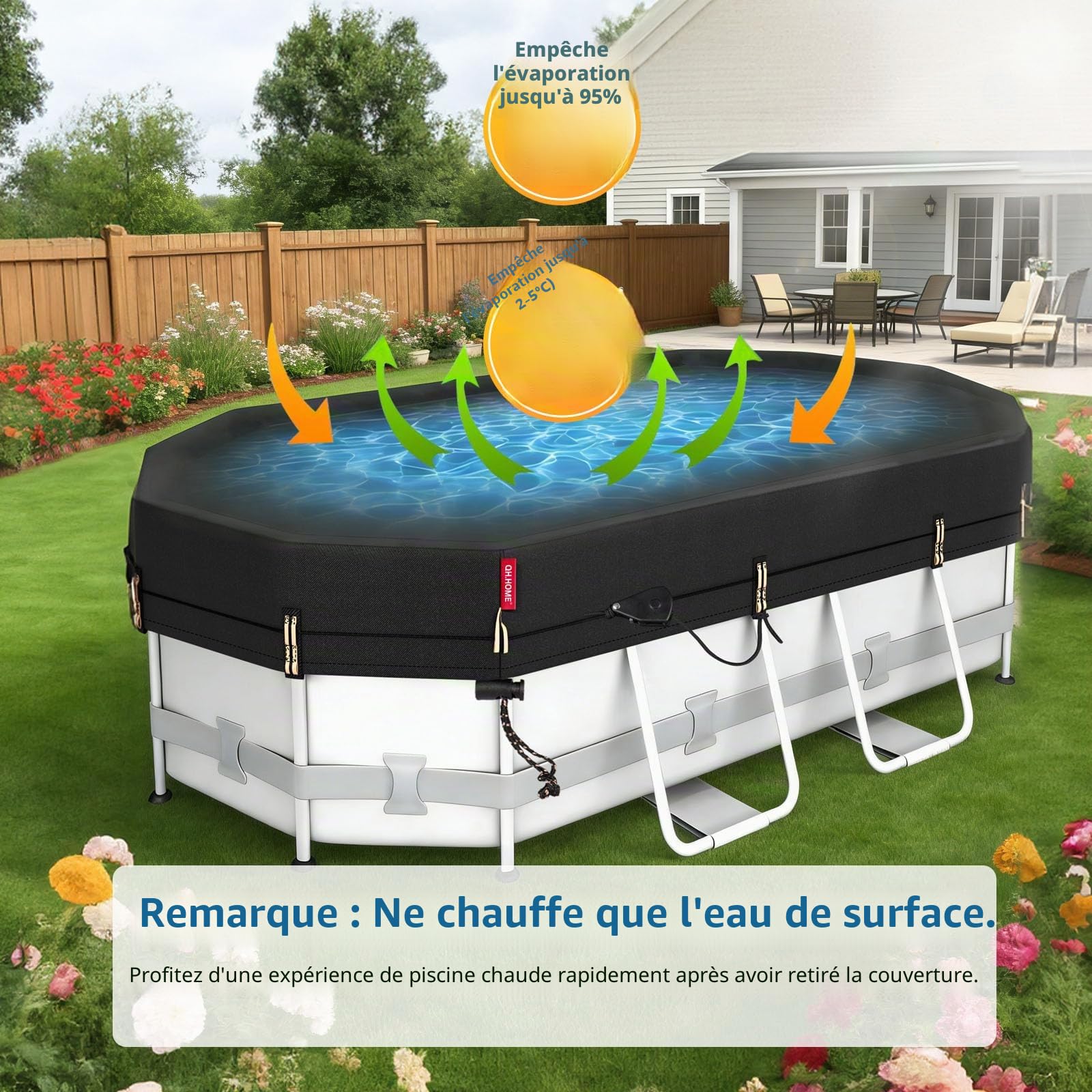 QH.Home Bâche d'hiver Ovale pour Piscine Ovale Bestway/Intex/Coleman de 2,6 x 4,3 m, Tissu Robuste amélioré Durable et Coupe-Vent Ultime avec cliquet à Serrage Rapide, résistant au Froid et aux UV