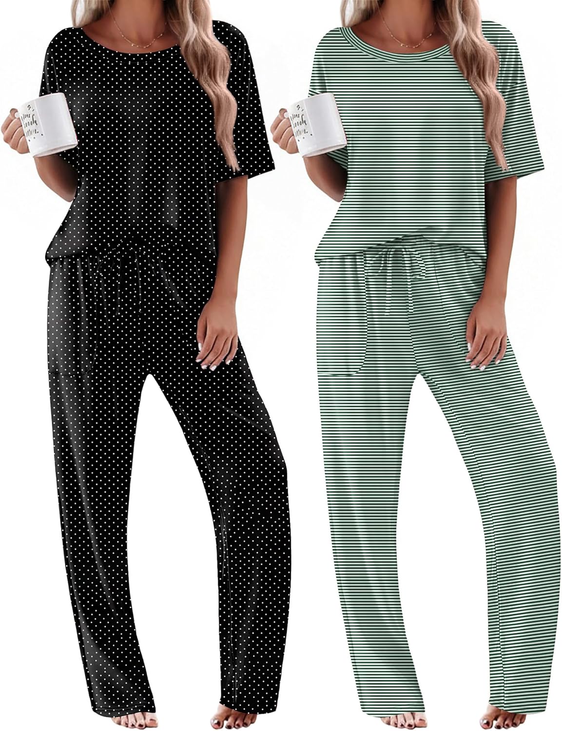 Ekouaer 2 Pack Womens Pajama Sets Short Sleeve Tops and Long