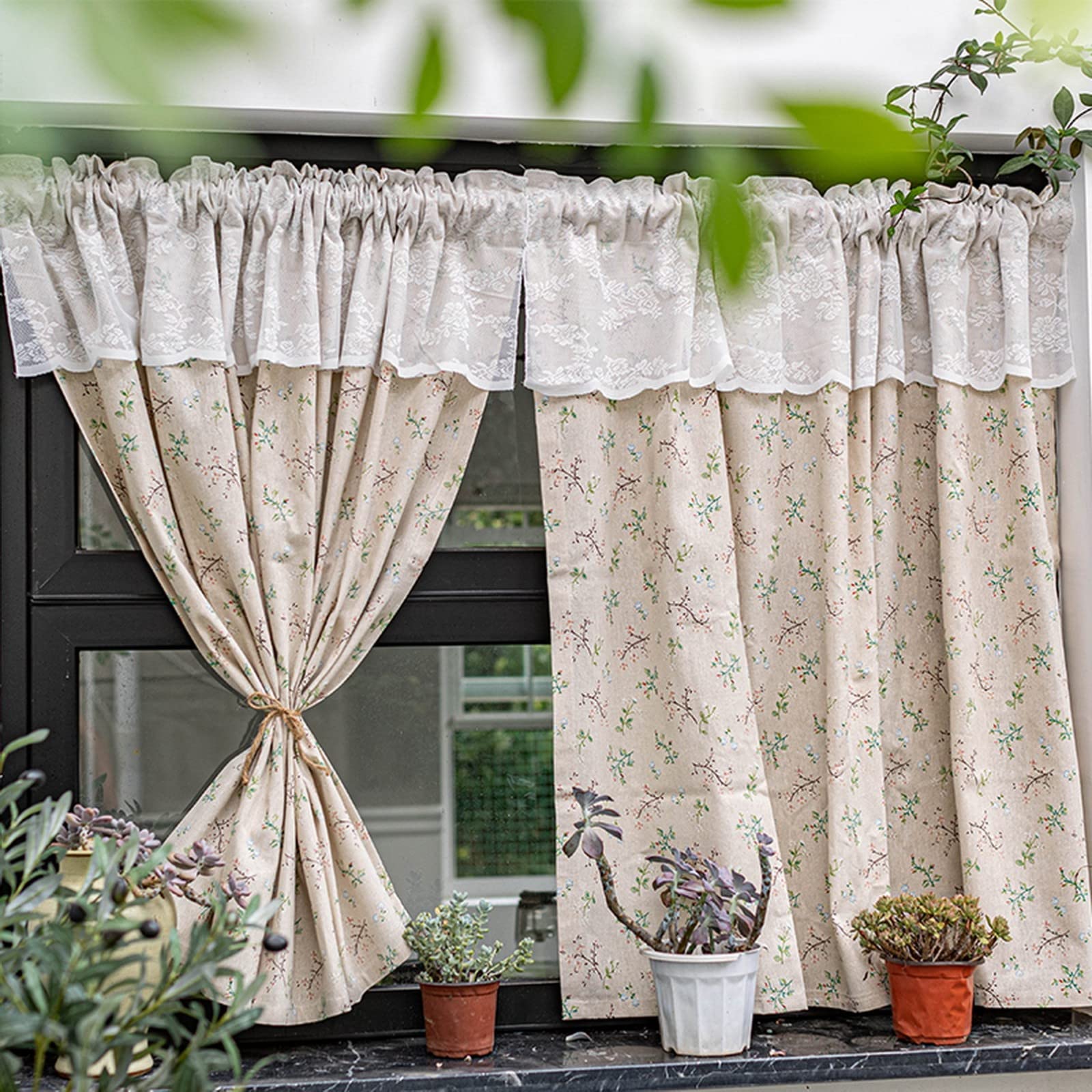 A.Monamour Cortina Cocina Ventana Puerta Corta Pequeña Cuadros Algodón Lino  Rural Opaco Rojo Cereza Bolsillo Para Varilla Panel Cenefa Rustica Bistro, image size:1600x1600