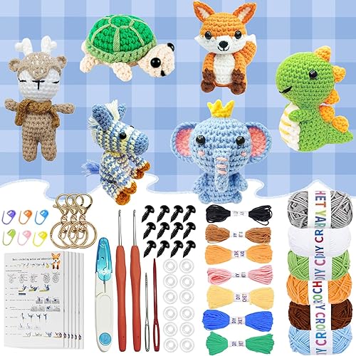 EMTK Kit de ganchillo de 6 piezas para principiantes, kits de ganchillo para principiantes para adultos y niños, kits de animales de ganchillo con
