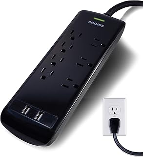 Philips 7-Outlet Surge Protector, 2 USB Ports, 4 Ft Extension Cord, Power Strip, 1440 Joules, 2.4 AMP/12 Watt, 3 Adapter Spaced Outlets, Flat Plug, Wall Mount, ETL Listed, Black, SPP6270BC/37
