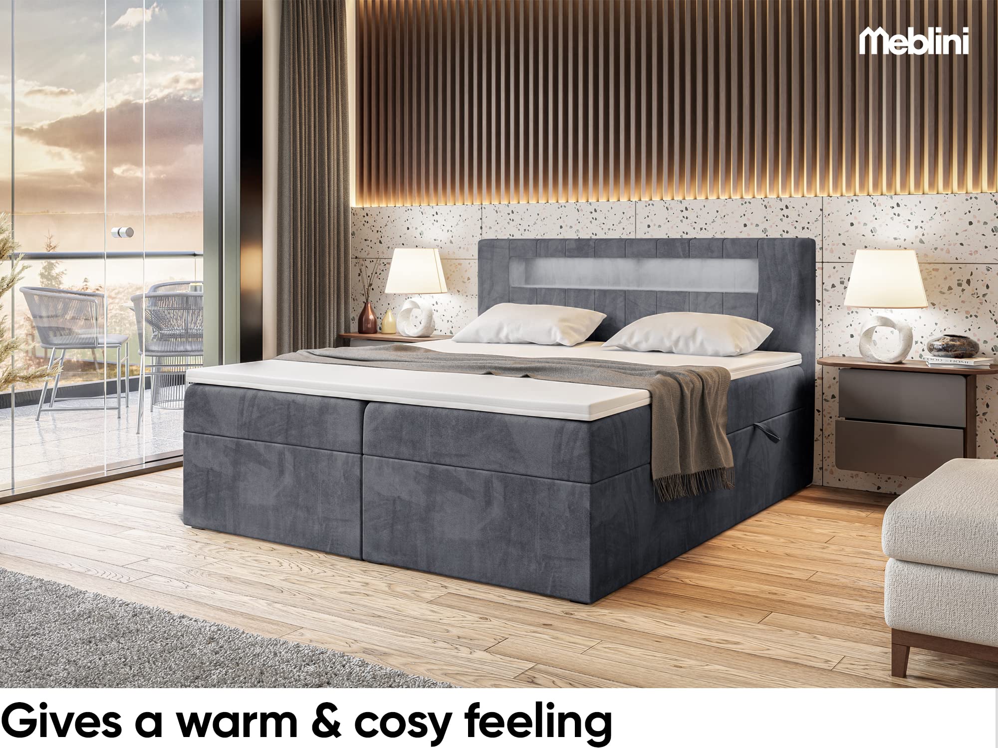 MEBLINI Boxspringbett mit Bettkasten - Bett mit LED Kopfteil - Gepolstert Doppelbett mit Matratze und Topper - Polsterbett mit Stauraum - Stauraumbett - ASPIN - 160x200 - H4/Dunkelgrau Samt