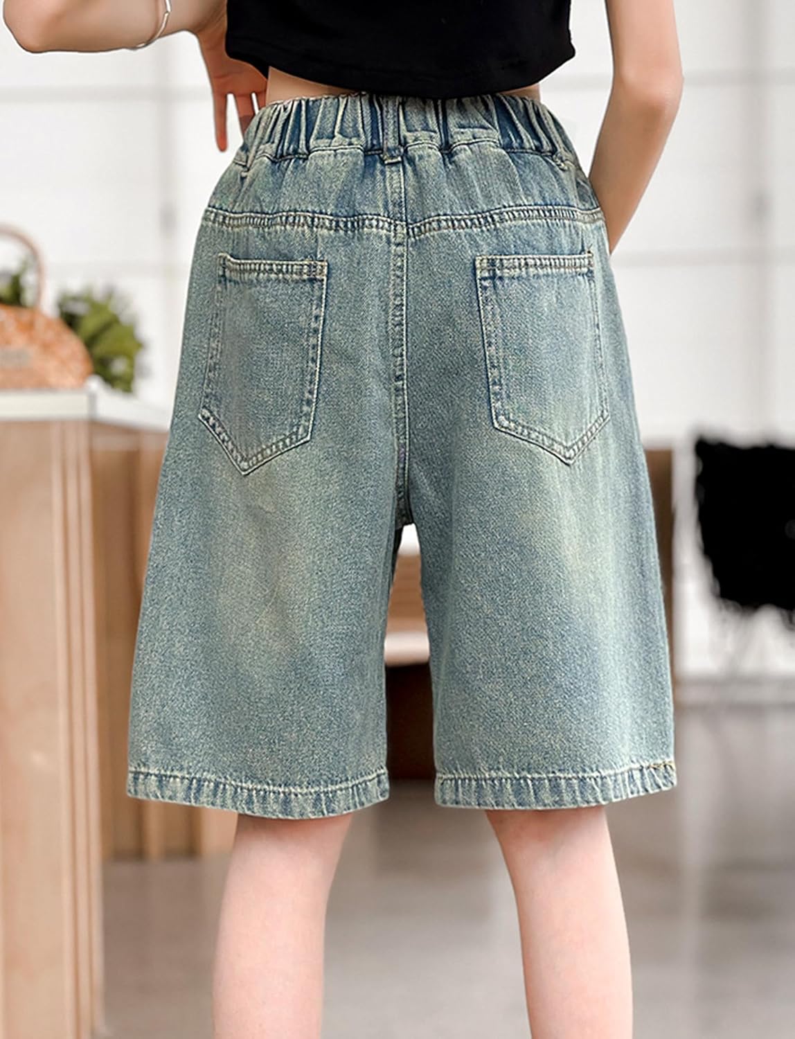 Happy Cherry Kid Girls Denim Shorts Summer Elastic High Waist Pull On Midi/Mini Jeans Shorts 5-14Y - Image 2
