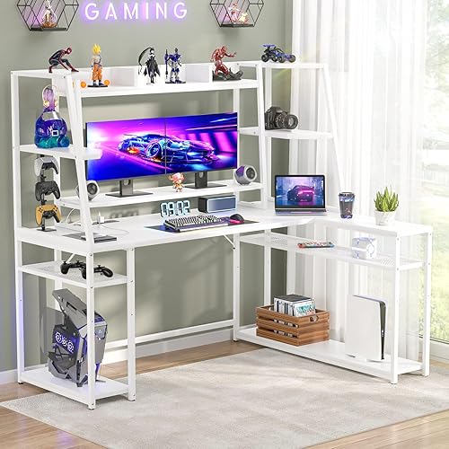 Miniatura 12 de Armocity Escritorio para juegos en forma de L con gabinete y estantes, escritorio para computadora de juegos de 47 pulgadas con luces LED y Roble