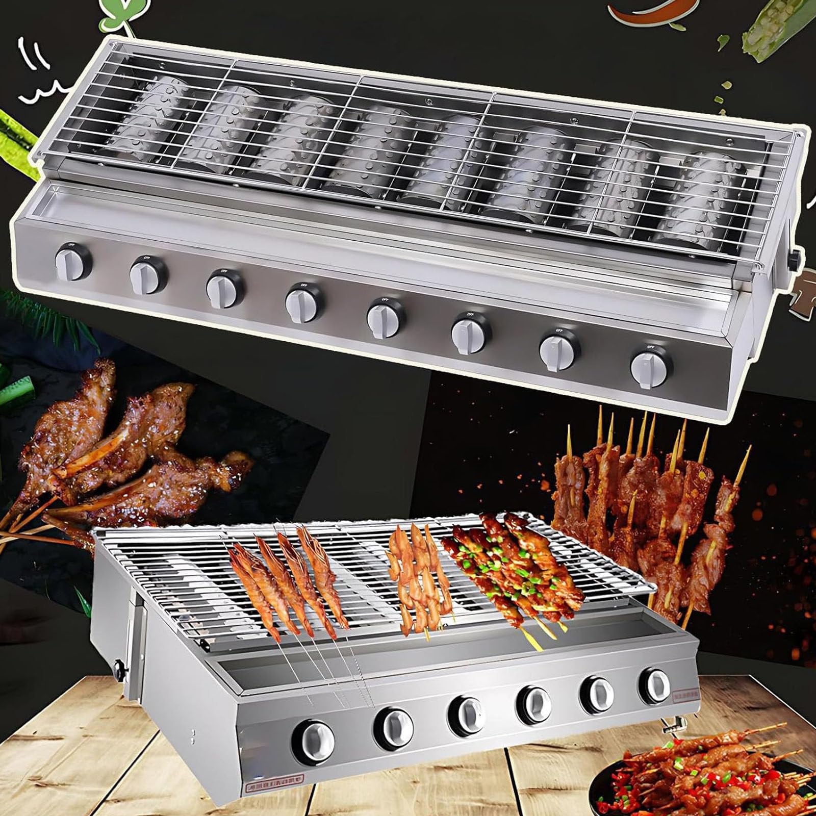 Grill stołowy, komercyjny grill gazowy LPG z ceramiczną technologią grzewczą, Wyjmowane kratki, regulowana wysokość i tacka na olej do użytku w kuchni A