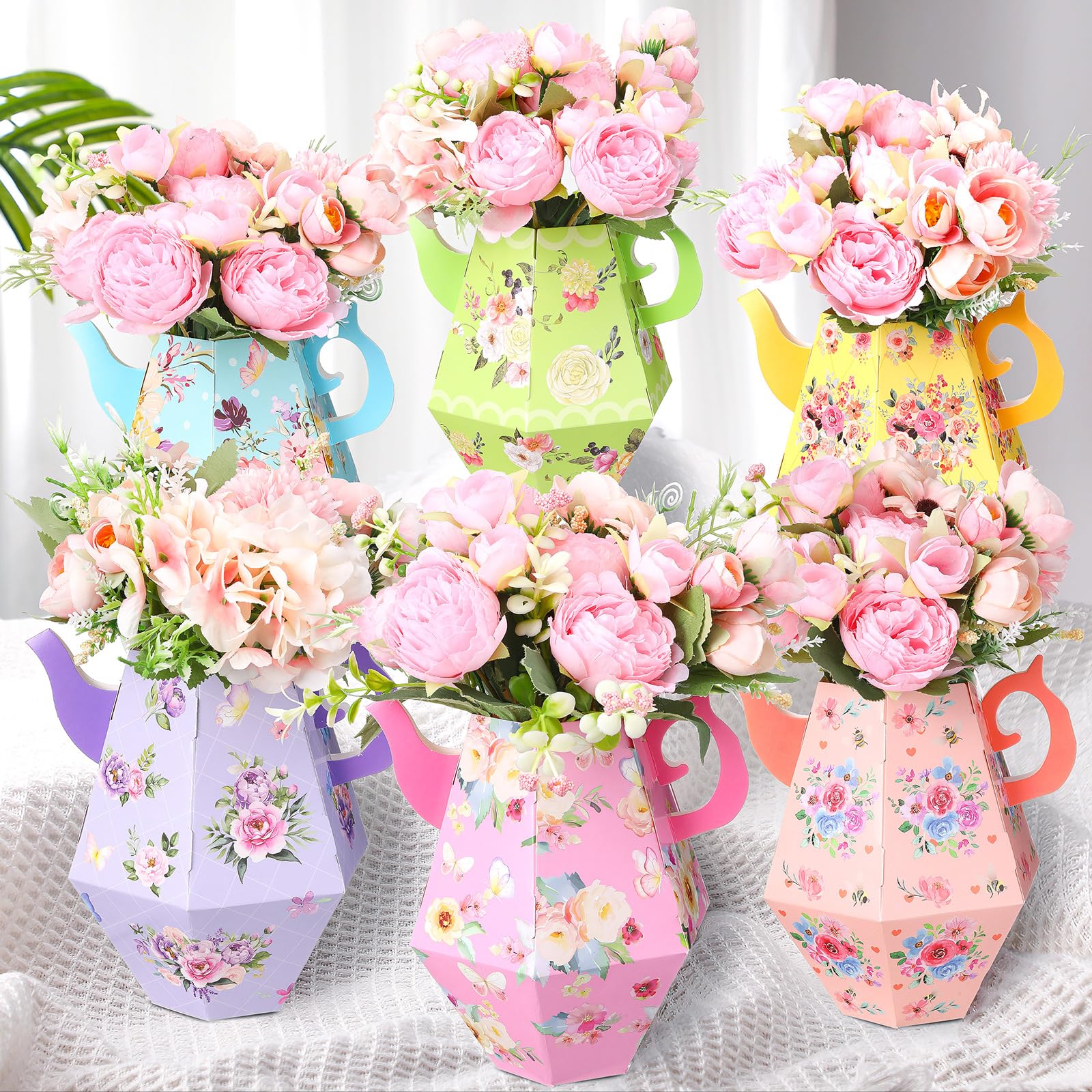 Nuogo 12 Pcs Tea Party Centerpieces for Table Spring Summer Wedding Party Decorations 6.8'' Teapot Princess Flower Vase Boxes Table Decor for Floral Themed Birthday Baby Shower, 6 Styles