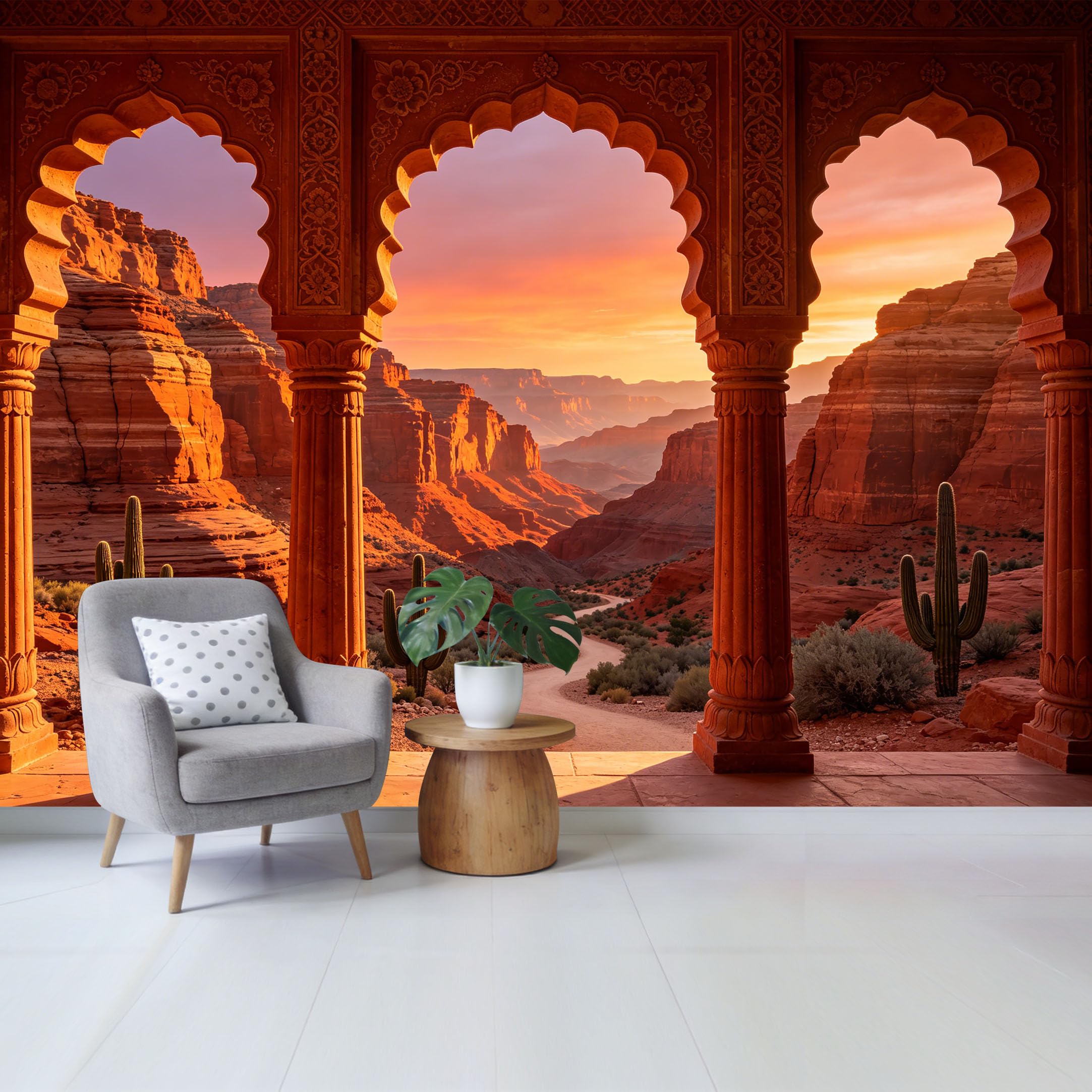 Custom Size Wall Mural Desert Canyon Sunset View Through Ornate Archway Landscape Removable Self Adhesive Fabric Home Wall Decor for Living Room Bedroom Bathroom