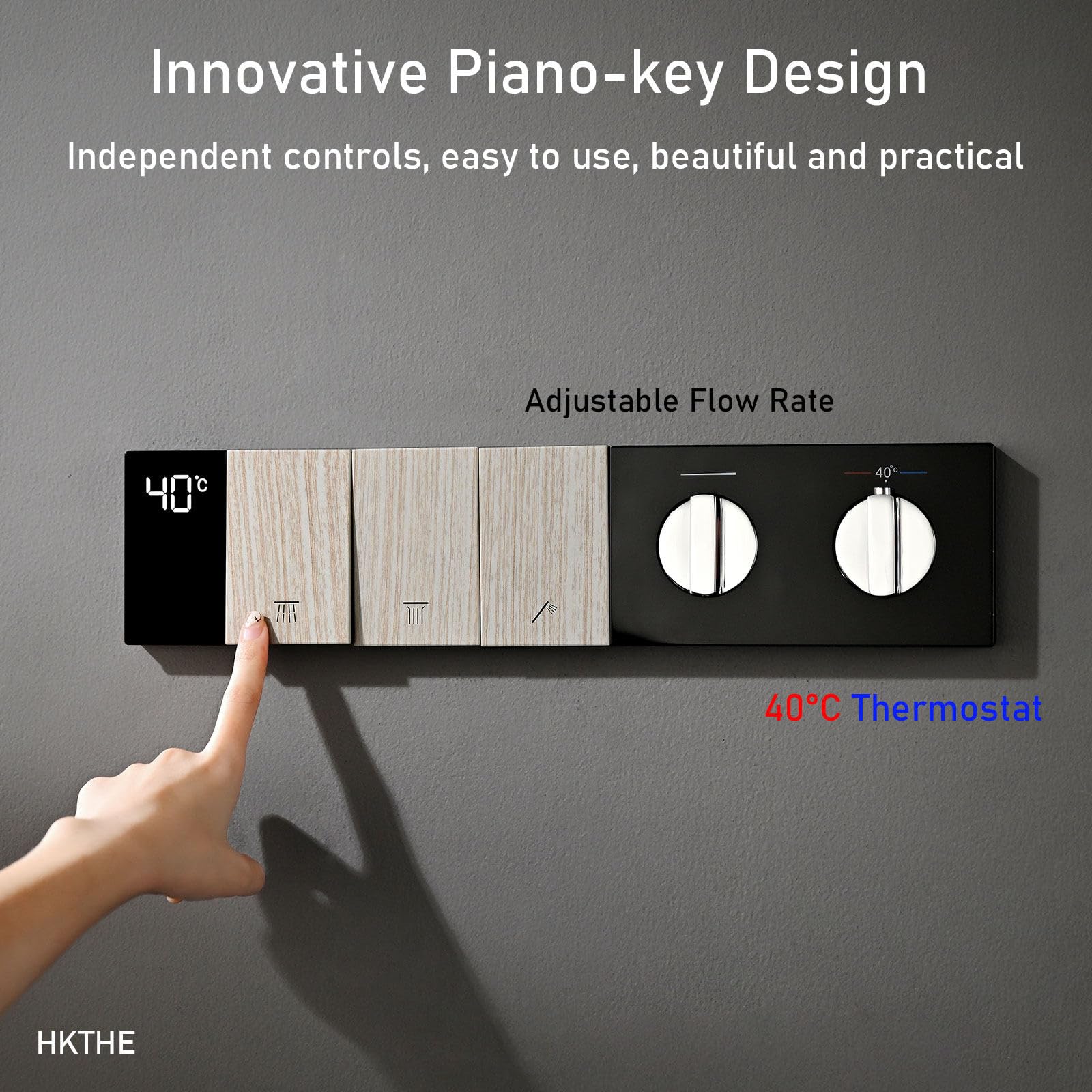 Termostatyczna kolumna prysznicowa, cyfrowy wyświetlacz LED, nowoczesne klawisze fortepianowe, HSS0630 wbudowany system prysznicowy, zestaw prysznicowy 545 x 233 mm, prysznic ręczny, montowany