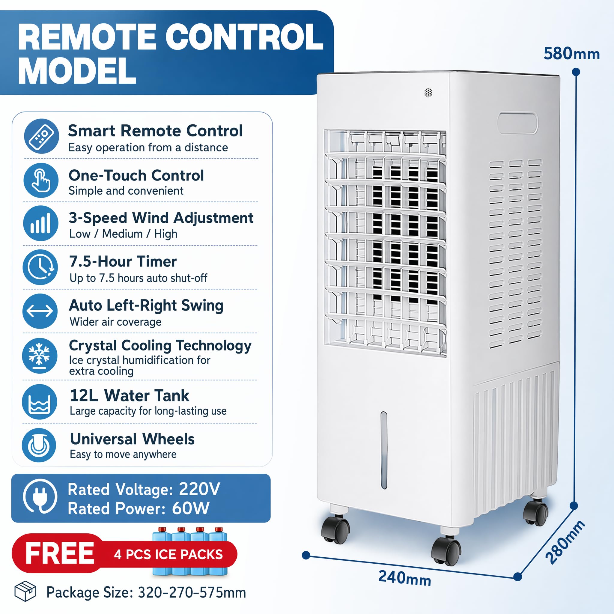 4 in1 Air Cooler 12L Air Conditioner Mobile klimaanlage ohne abluftschlauch 4 ice crystals,3 Windstufen Stumm 1-12 Hour Water Cooling Humidifier Air Purifier for Home Room Office