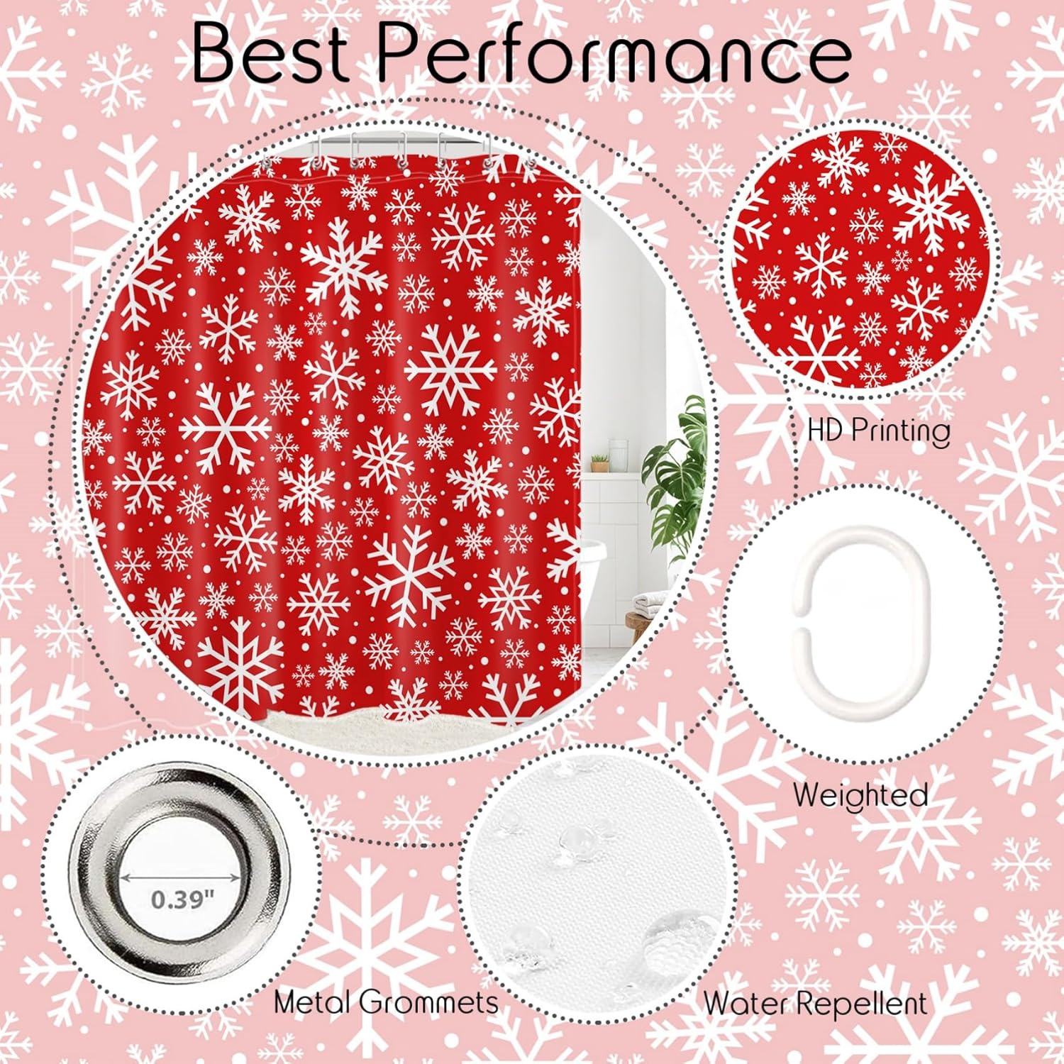 Winter Christmas Shower Curtains for Bathroom, White Snowflake on Red Shower Curtain Snowflake Pattern Shower Curtain with Hooks, 72W X 78L Inch
