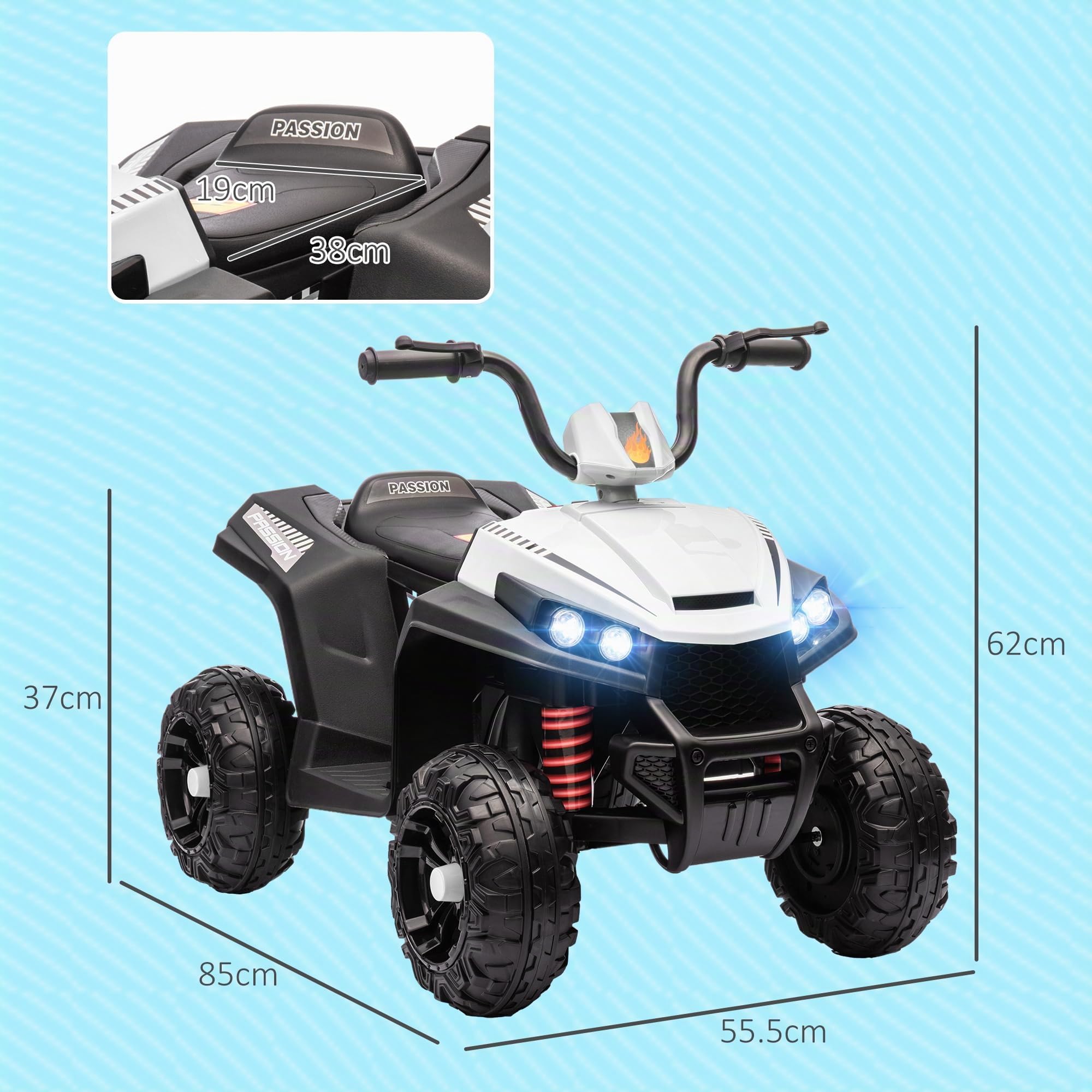 AIYAPLAY Quad elettrico per bambini, 12 V, con sospensioni a 4 ruote, lettore musicale MP3, veicolo per bambini con fari, marcia avanti e indietro, per bambini da 3 a 5 anni, 5 km/h, metallo, bianco