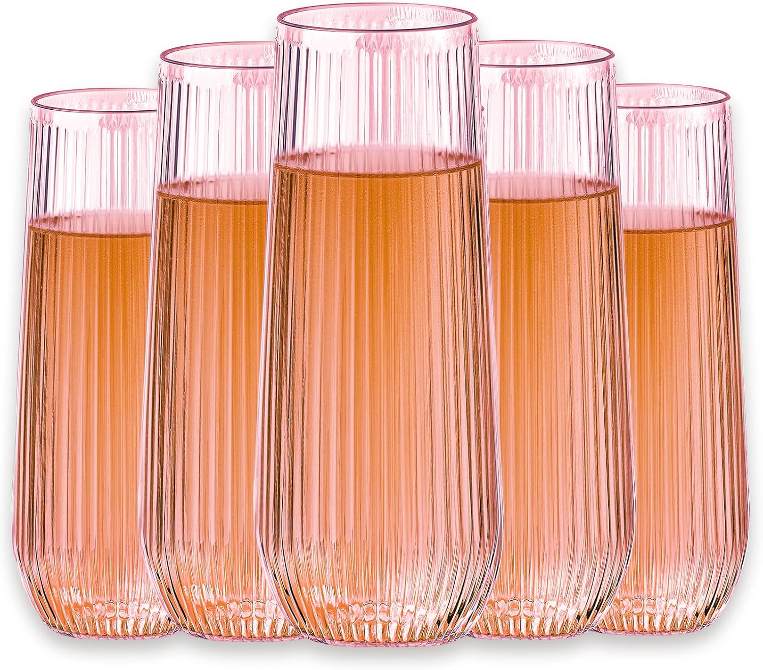 48 Pack Plastic Ribbed Champagne Flutes, 9 Oz Stemless Disposable Pink Clear Plastic Toasting Glasses Shatterproof Recyclable and BPA-Free Perfect For Wedding