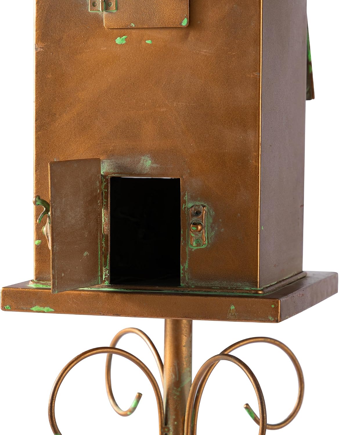 Glitzhome 52" Metal Birdhouse Outdoor with Stake, Faux Copper 2-Tiered Distressed Iron Standing Bird House, Farmhouse Garden Decor with Windows & Doors