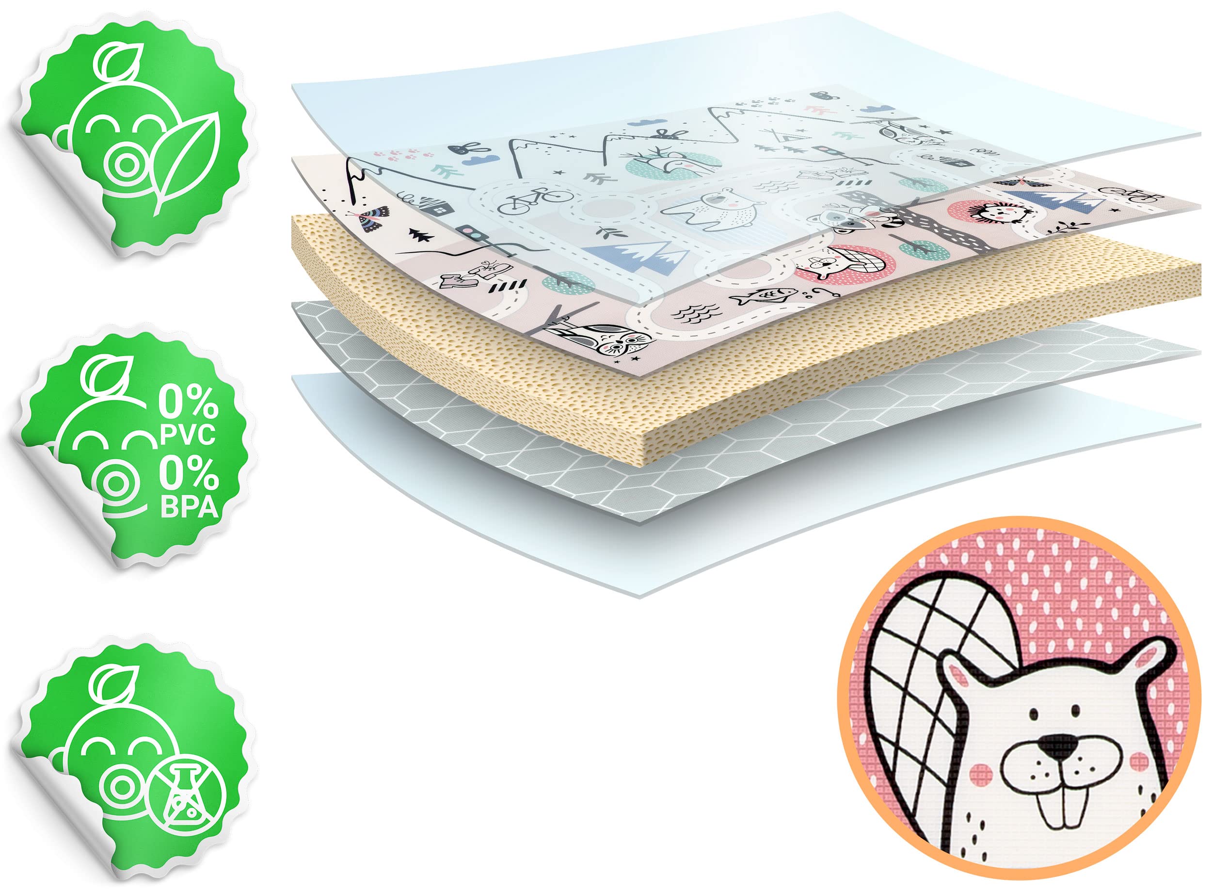 NUKIDO Mata Piankowa dla Dzieci Niemowląt Dwustronna Uroczy Kolorowy Design do Zabawy Raczkowania Idealna na Prezent Rolowana Grubość 1,5 cm Wielkość 180x150 cm Szara
