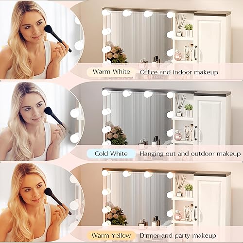 Miniatura 7 de Tocador de maquillaje de granja con estación de carga, escritorio con luces espejo y cajones, tocador de maquillaje con parte superior de cristal