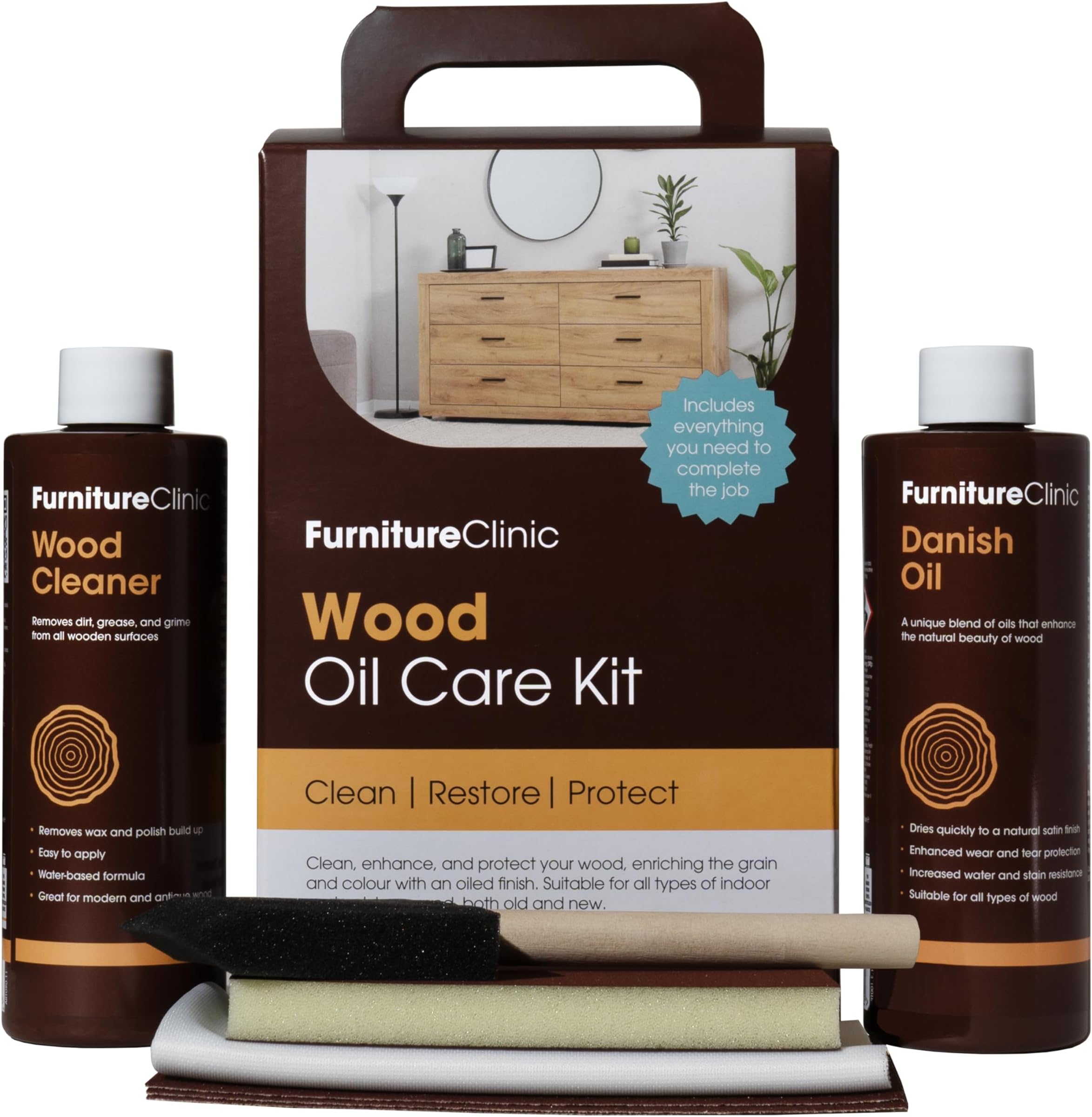 Wood Oil Kit - for Oiling & Restoring All Indoor & Outdoor Wooden Surfaces Such as Furniture, Worktops & Doors. Contains 250ml Danish Oil, 250ml Wood Cleaner, Sanding Pads, Brushes, Cloths.
