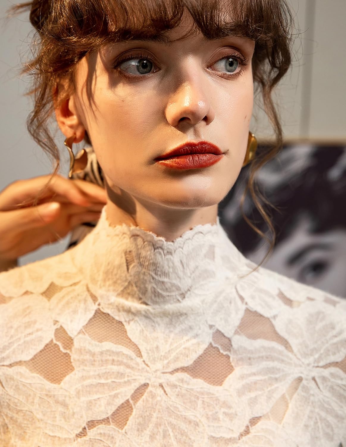 Women Elegant Fuzzy Floral Lace Long Sleeve Shirts Mock Neck Going Out Tops Dressy Casual Trendy - Image 7