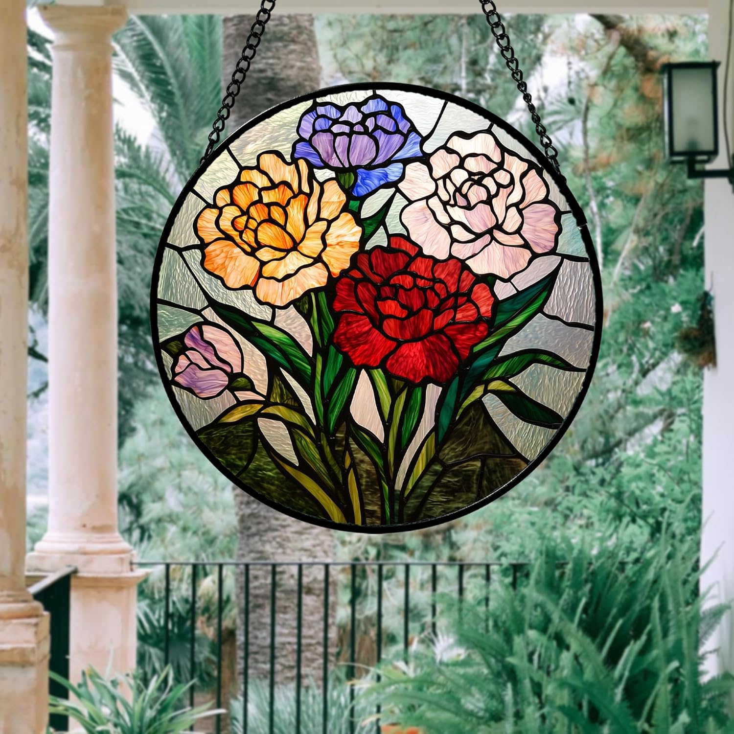 Stained Glass Window Hanging, Colorful Carnation Sun Catcher for Door Home Decor Flower Suncatcher Christmas Mother's Day Birthday Gifts for Women Men Mom Nana 7.8 in