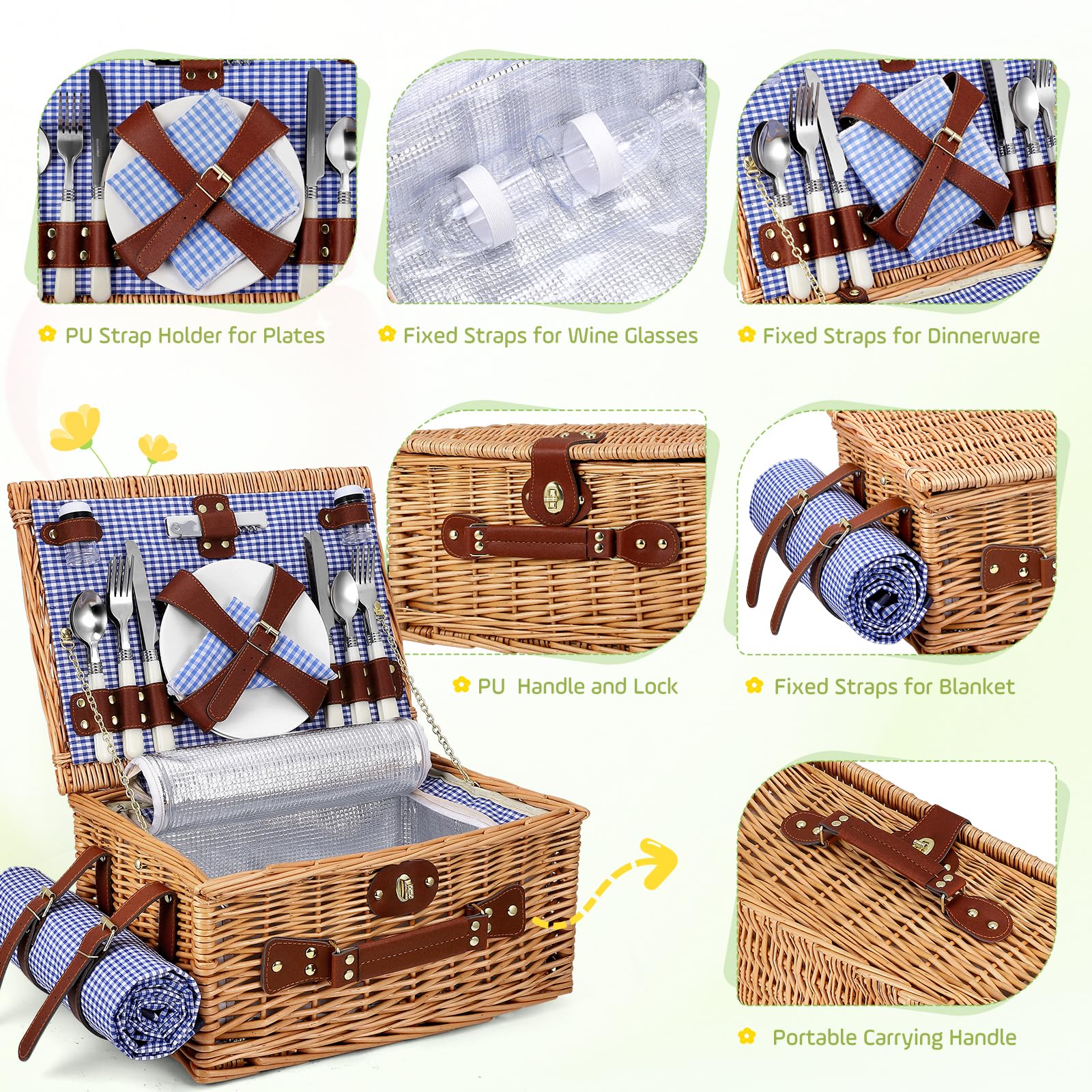 Cesta de Picnic Mimbre para 4 Personas, Cesta Trenzada a Mano con Aislamiento Integrado y Manta Impermeable – Set Completo con 4 Cubiertos, Platos, Vasos para Camping Playa jardín