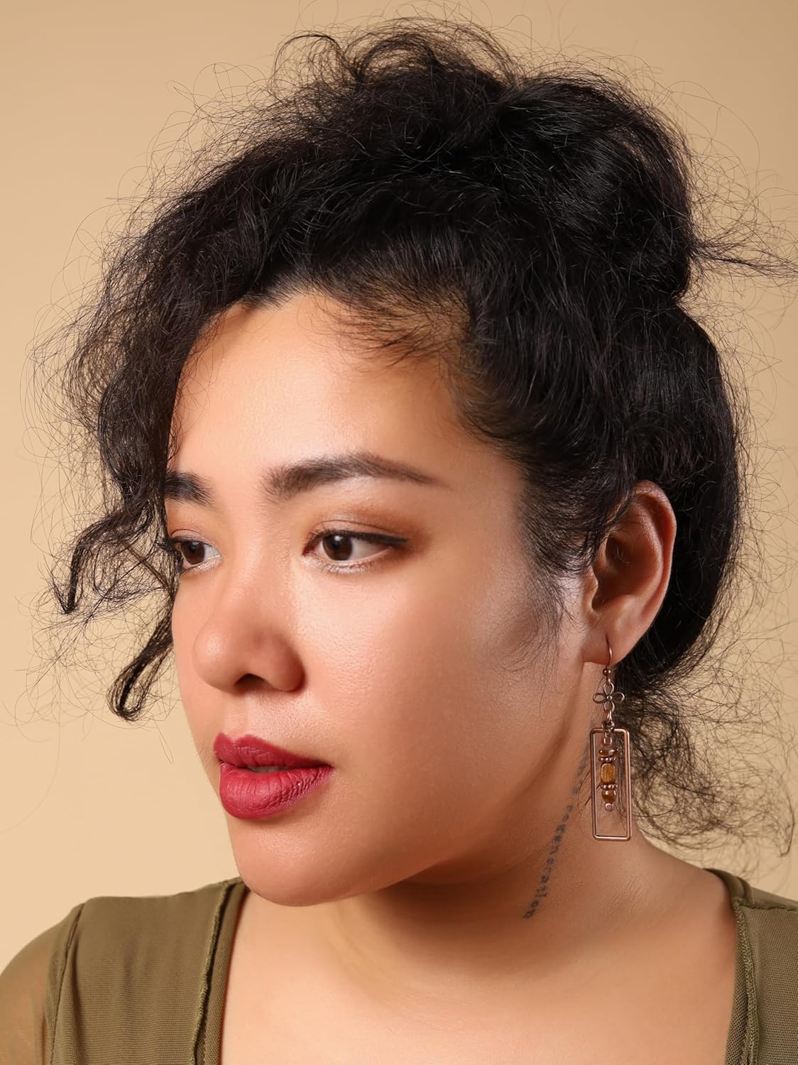 MINACHI Vintage Copper Tone Rectangle Drop Earrings, Boho Stone and Copper Bead Dangles with Flower Accent, Hippie Jewelry For Women - Image 4