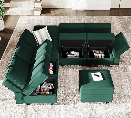 Miniatura 4 de Belffin - Sofá cama modular con otomanas, de terciopelo, reversible y con asiento con almacenamiento, color verde, forma de L-1 Negro