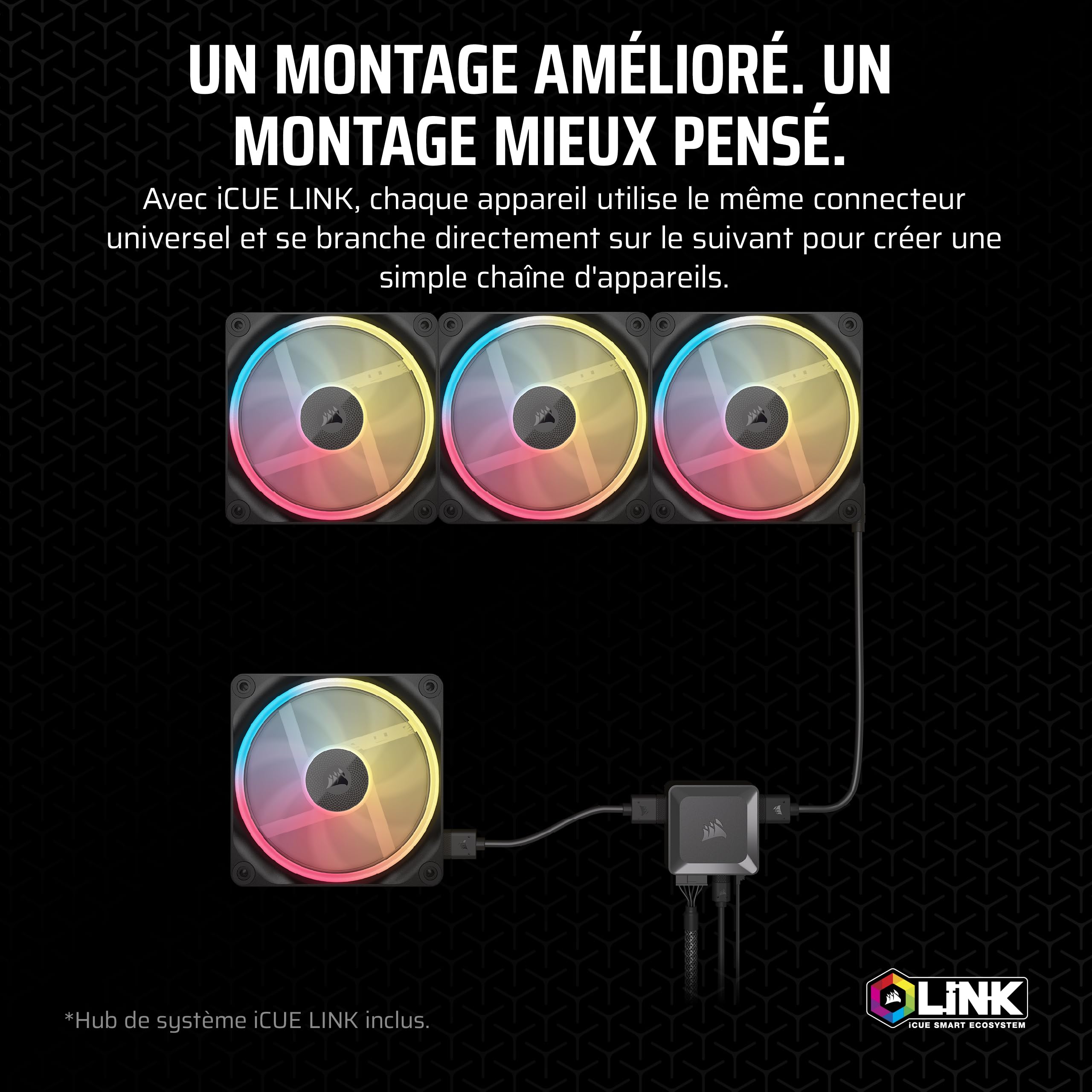 CORSAIR iCUE Link LX120-R RGB 120mm PWM Ventilateur Inversés – Kit Triple Ventilateur – Faible Bruit, CORSAIR Palier à Dôme Magnétique, Double Boucle Lumineuse, Vis QuikTurn™, Mode Zéro RPM – Noir