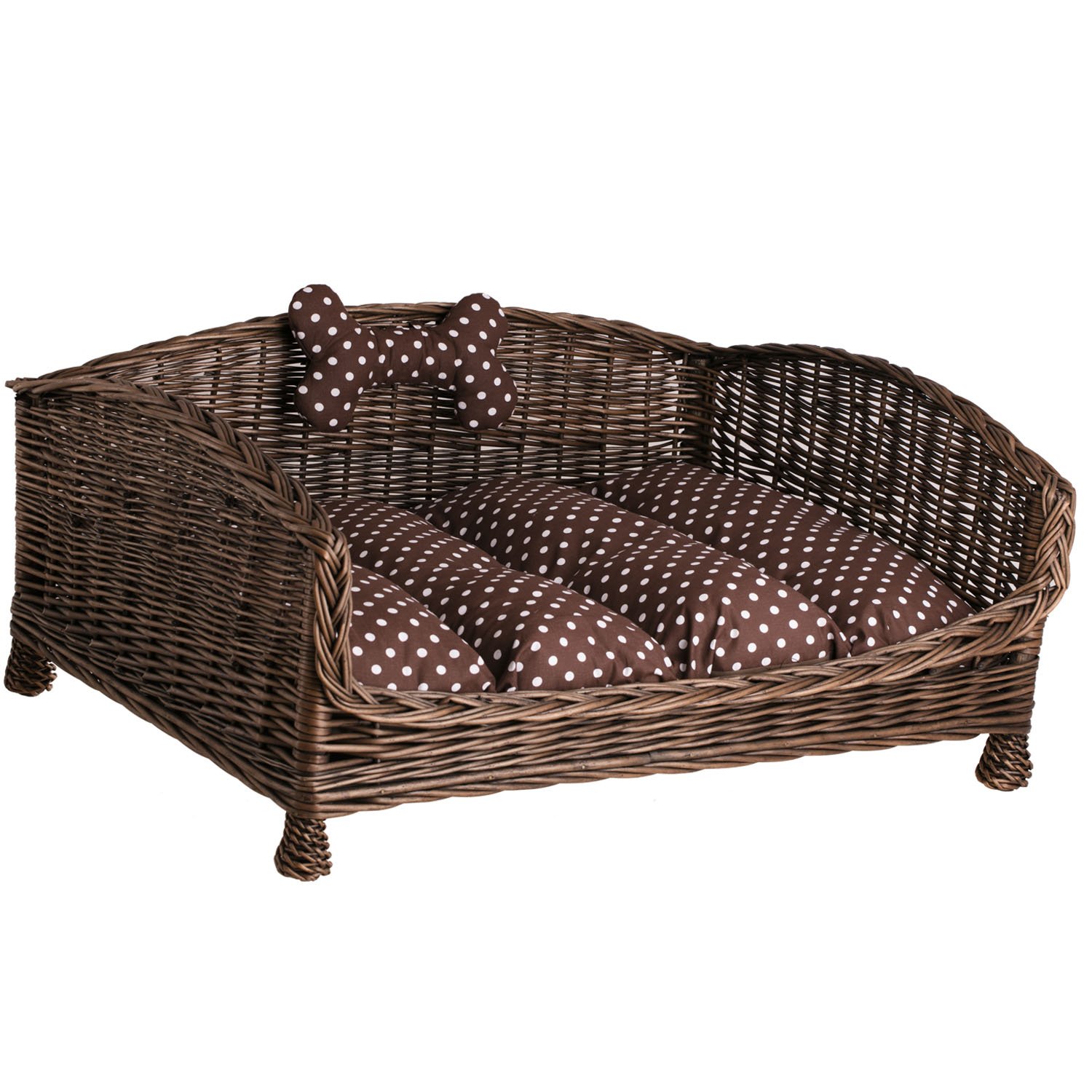 e-wicker24 Tierkorb Hundekorb Lager aus Weide für Hund Katze mit weichem Kissen Liegestuhl für Tiere Katzenlager Hundlager Hundebett Katzenbett (54x32 H25, Braun)