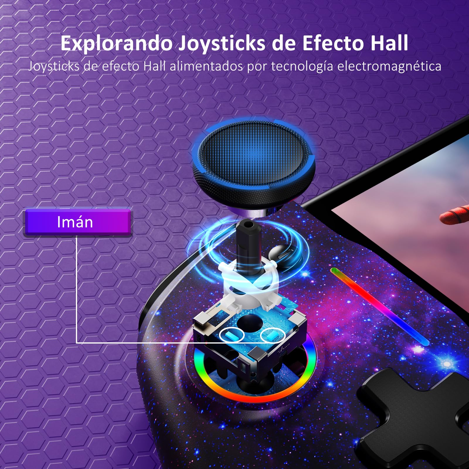 NexiGo Hall Effect Gripcon (Sin Deriva, Sin Zona Muerta) con Joystick de Detección de Efecto Hall para Switch/Switch OLED, Luz RGB Ajustable, Giroscopio de 6 Ejes, Turbo, Mapeo (Cosmic Nebula)